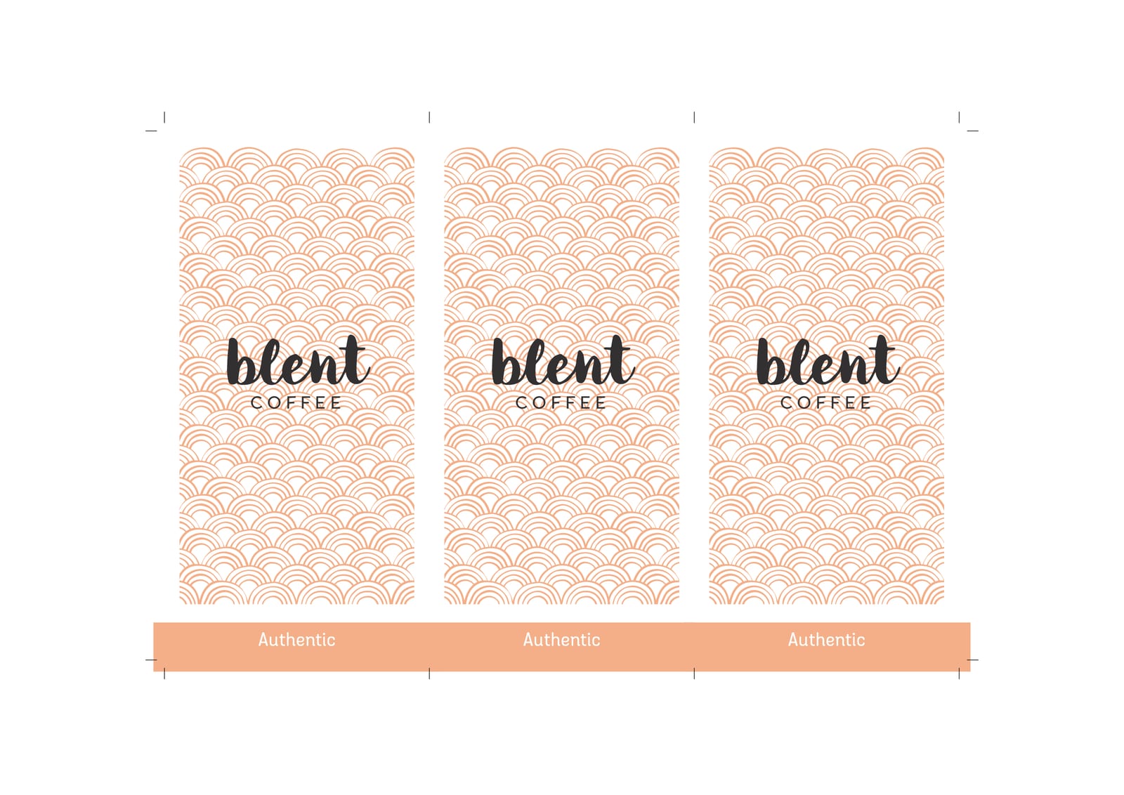 Drie perzikkleurige etiketten met Blent-logo en "Authentic"