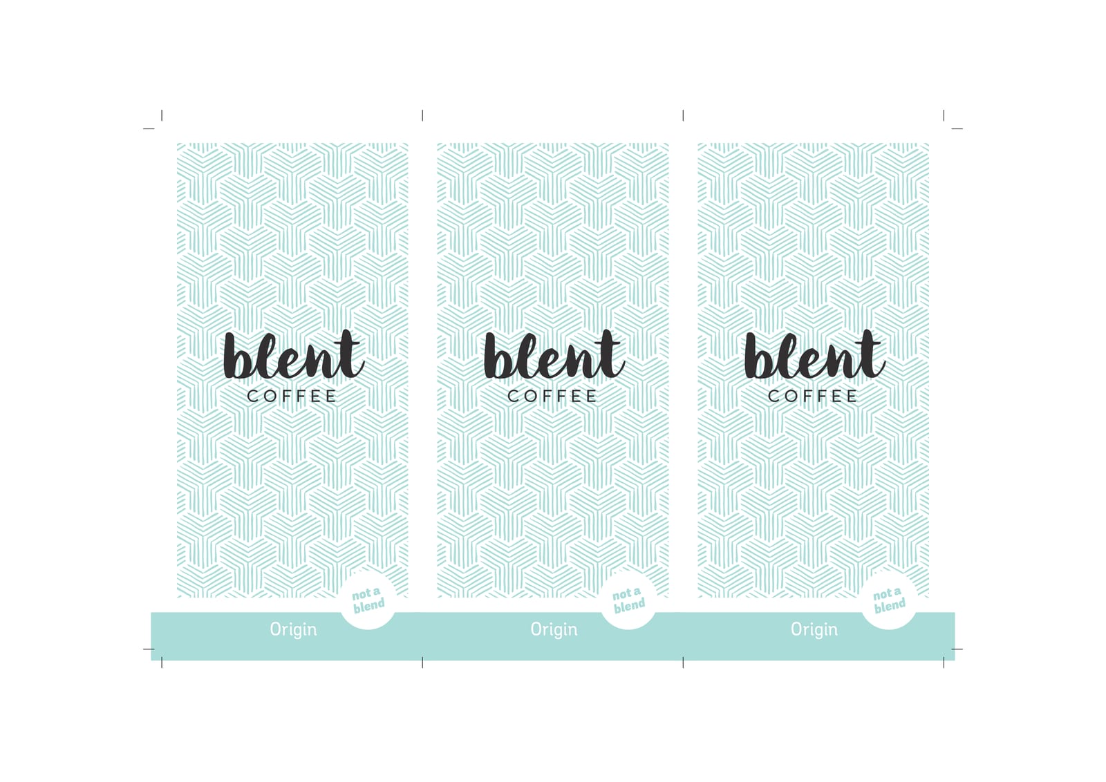 Drie mintgroene etiketten met Blent-logo en "Origin"