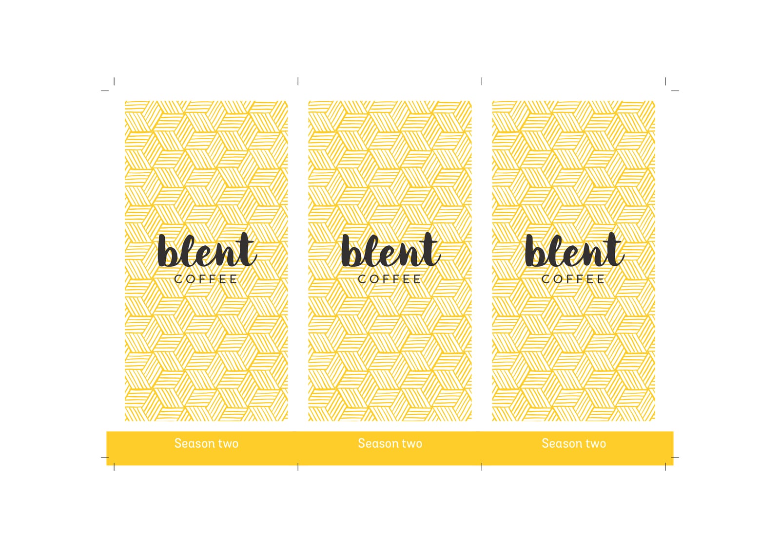 Drie gele etiketten met Blent-logo en "Season one"