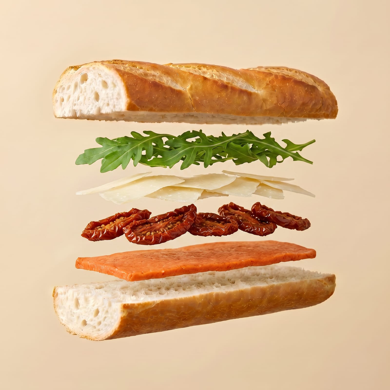 Exploded view van een baguette met rucola, parmezaanschilfers, zongedroogde tomaten en een oranje smeerbeleg tussen de zwevende broodhelften, op een beige achtergrond