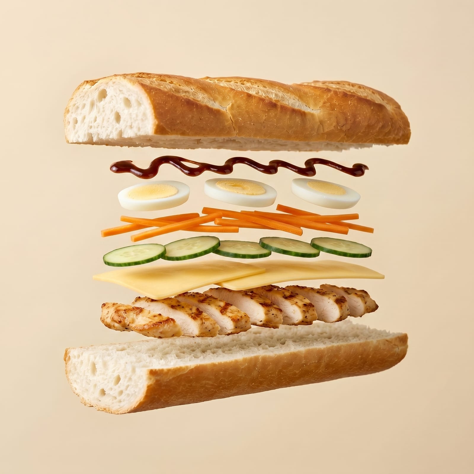 Exploded view van een baguette met saus, gekookt ei, wortel, komkommer, kaas en gegrilde kip tussen de zwevende broodhelften, op een beige achtergrond