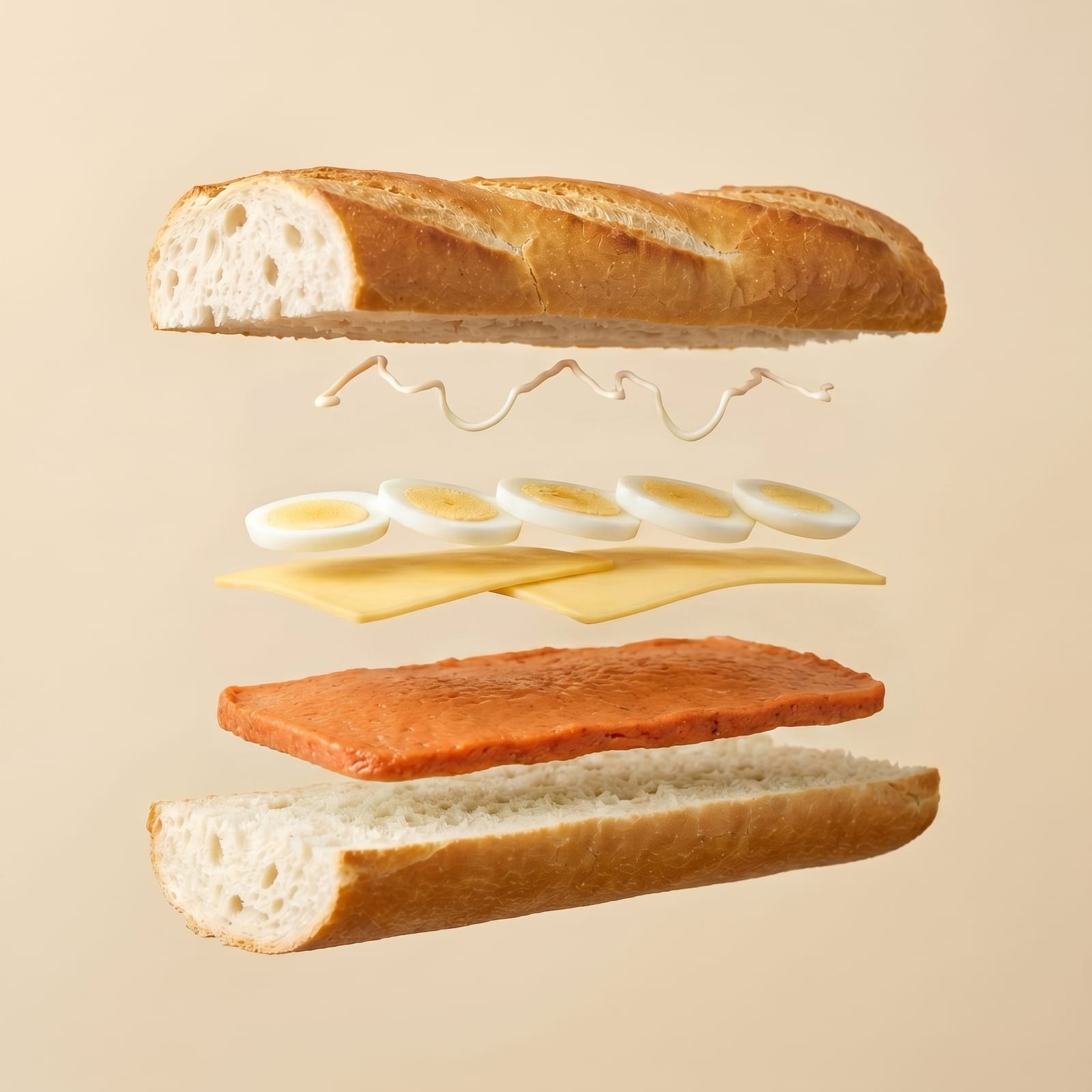 Exploded view van een baguette met mayonaise, gekookt ei, kaas en een oranje smeerbeleg tussen de zwevende broodhelften, op een beige achtergrond