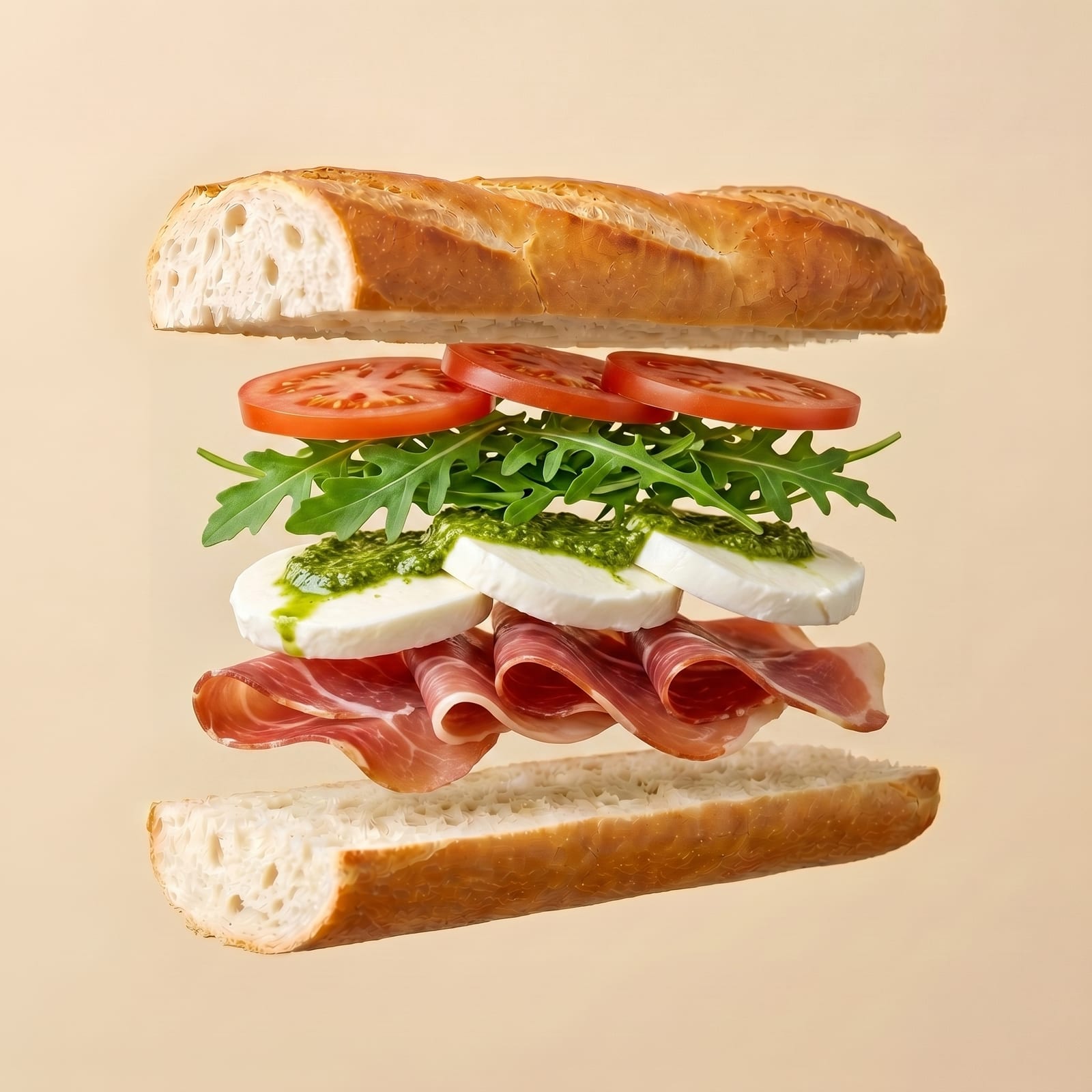 Exploded view van een baguette met tomaat, rucola, mozzarella met pesto en rauwe ham tussen de zwevende broodhelften, op een beige achtergrond