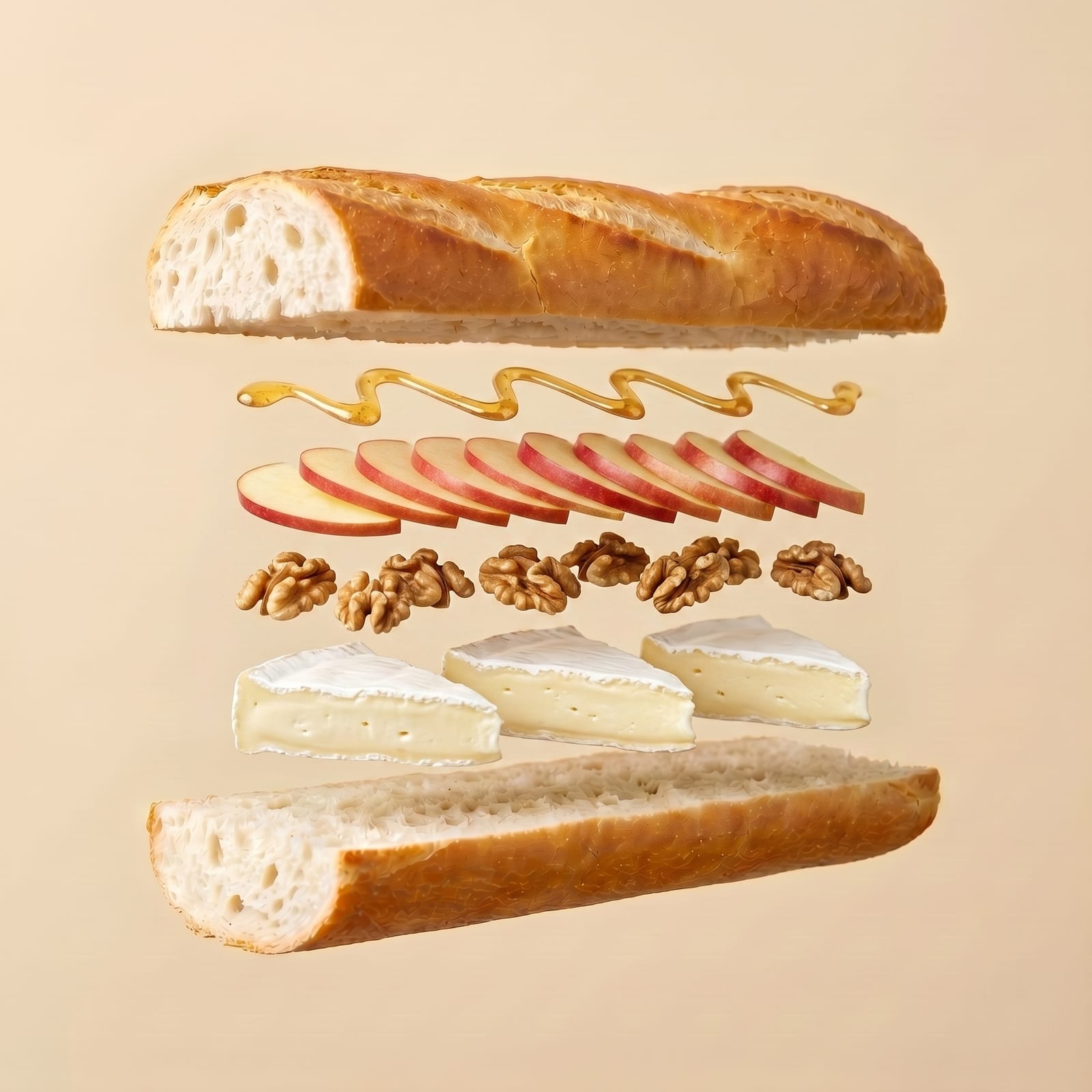 Exploded view van een baguette met honing, appel, walnoten en brie tussen de zwevende broodhelften, op een beige achtergrond