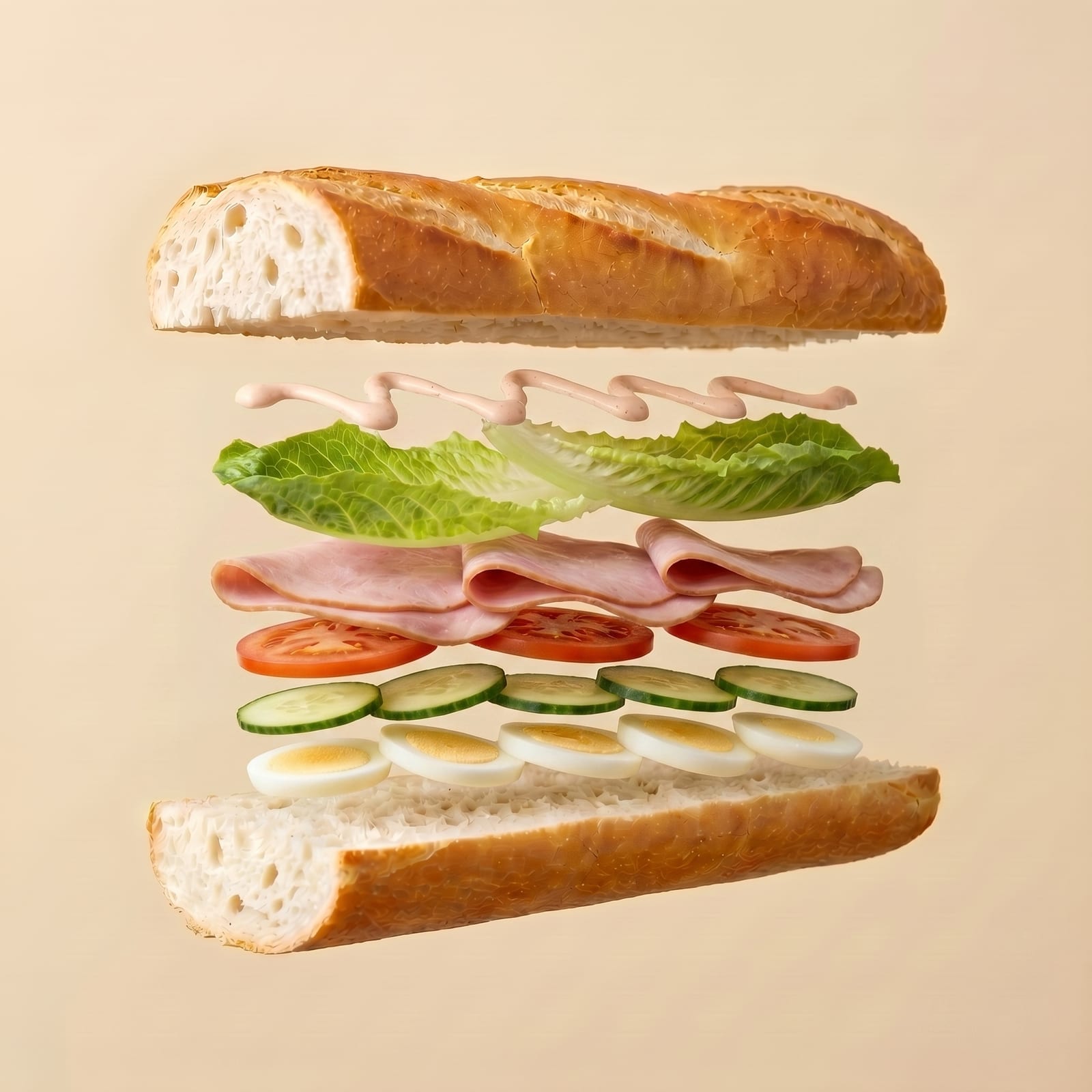 Exploded view van een baguette met cocktailsaus, sla, hesp, tomaat, komkommer en gekookt ei tussen de zwevende broodhelften, op een beige achtergrond