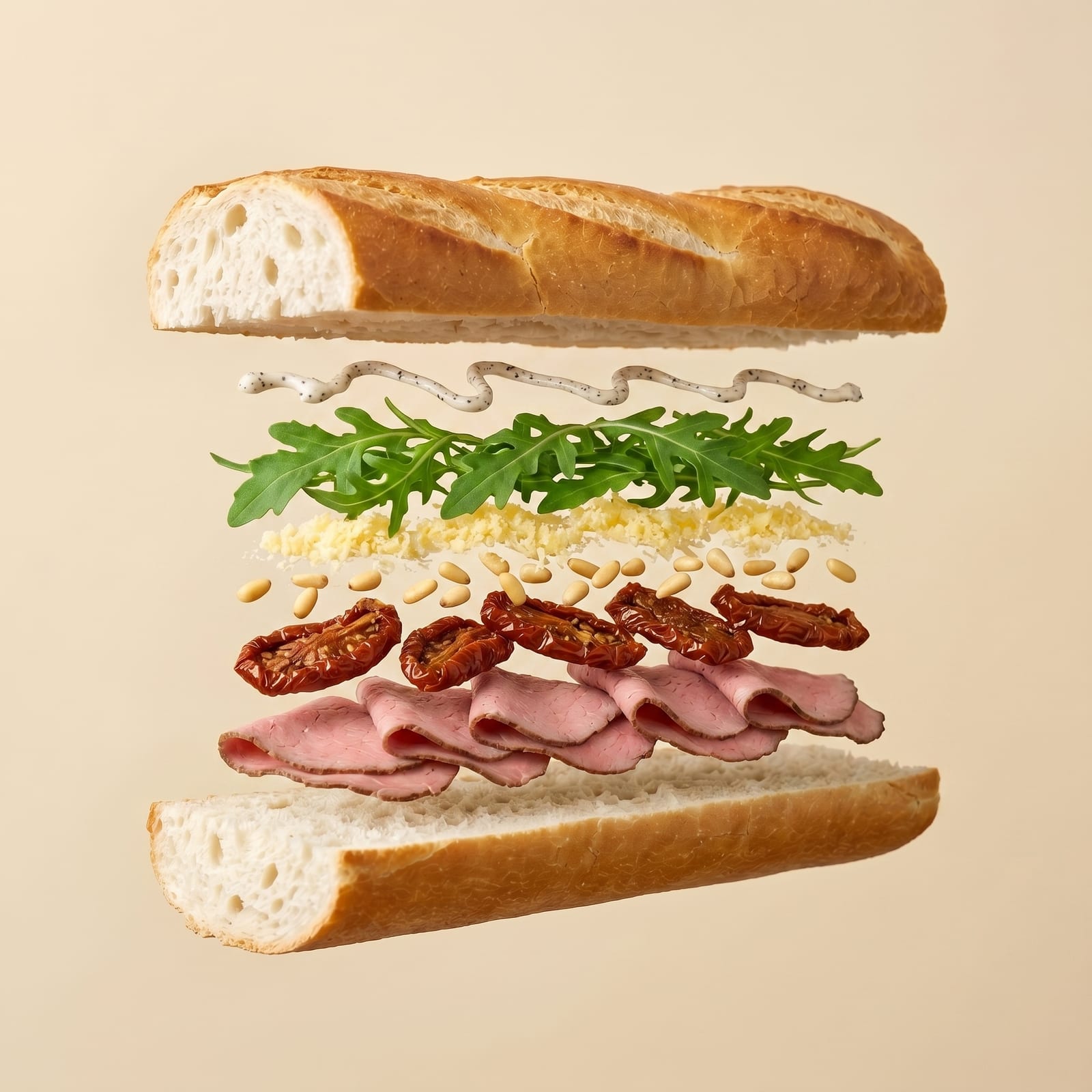 Exploded view van een baguette met dressing, rucola, geraspte parmezaan, pijnboompitten, zongedroogde tomaten en rosbief tussen de zwevende broodhelften, op een beige achtergrond