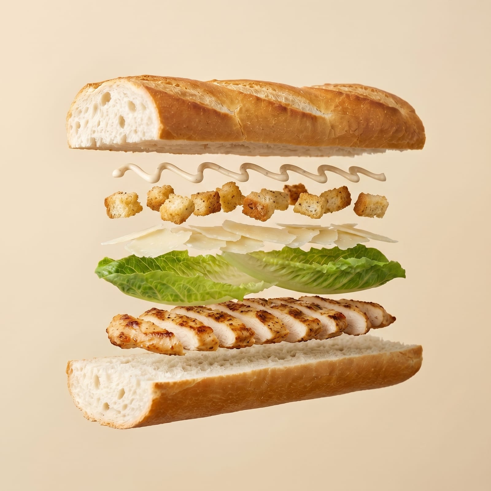 Exploded view van een baguette met caesardressing, croutons, parmezaan, Romeinse sla en gegrilde kip tussen de zwevende broodhelften, op een beige achtergrond