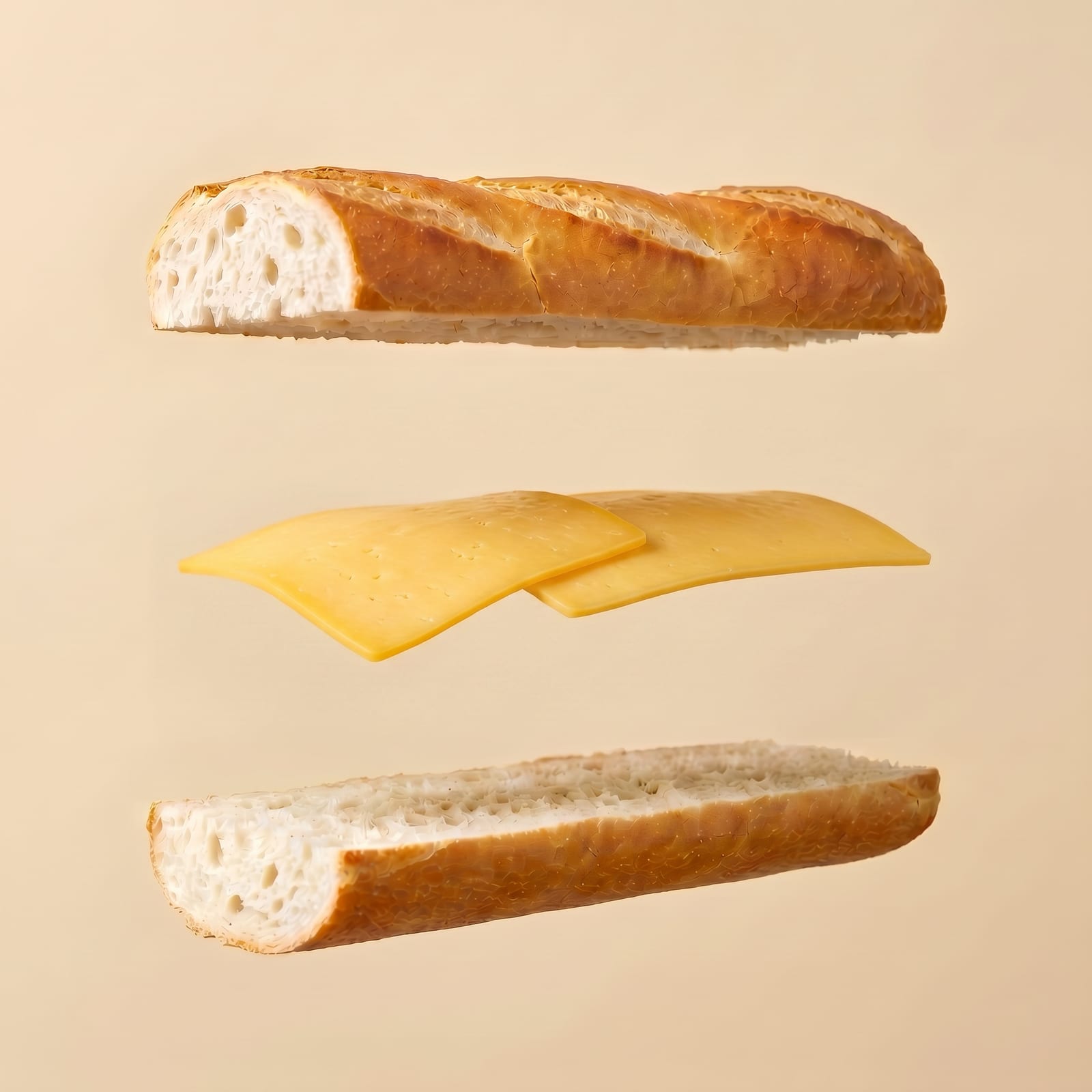 Exploded view van een baguette met twee sneden kaas tussen de zwevende broodhelften, op een beige achtergrond