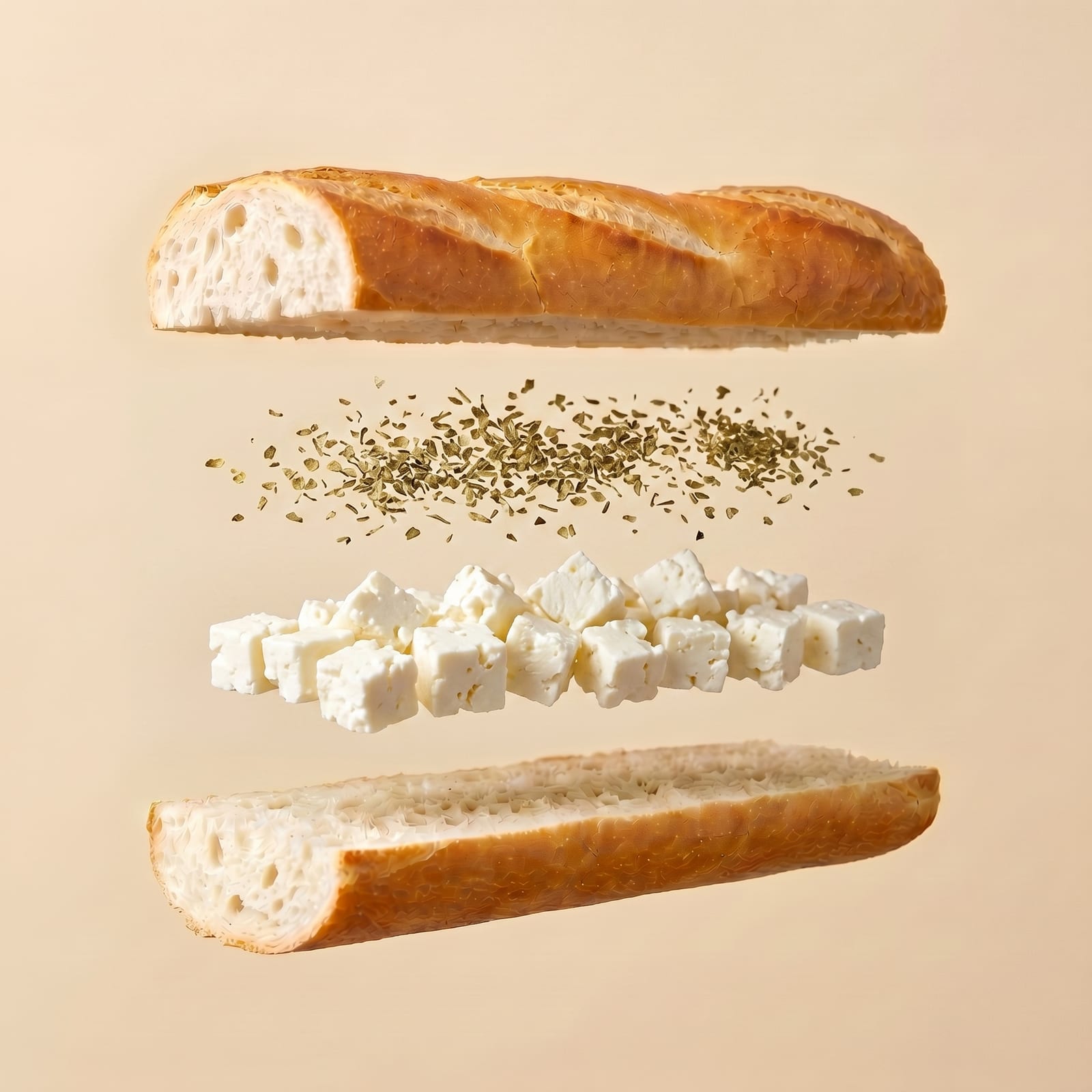 Exploded view van een baguette met oregano en blokjes feta tussen de zwevende broodhelften, op een beige achtergrond