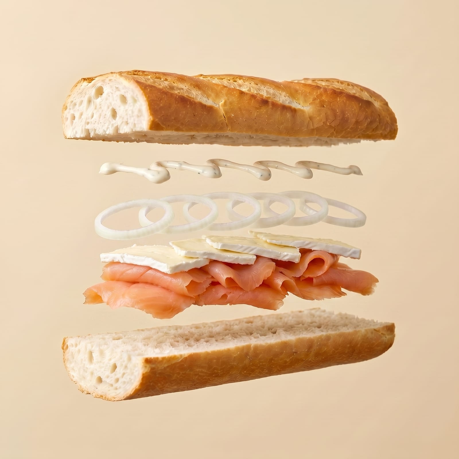 Exploded view van een baguette met dressing, uiringen, brie en gerookte zalm tussen de zwevende broodhelften, op een beige achtergrond