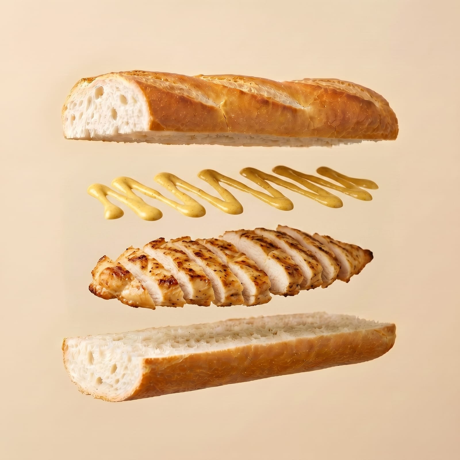 Exploded view van een baguette met mosterdsaus en gegrilde kip tussen de zwevende broodhelften, op een beige achtergrond