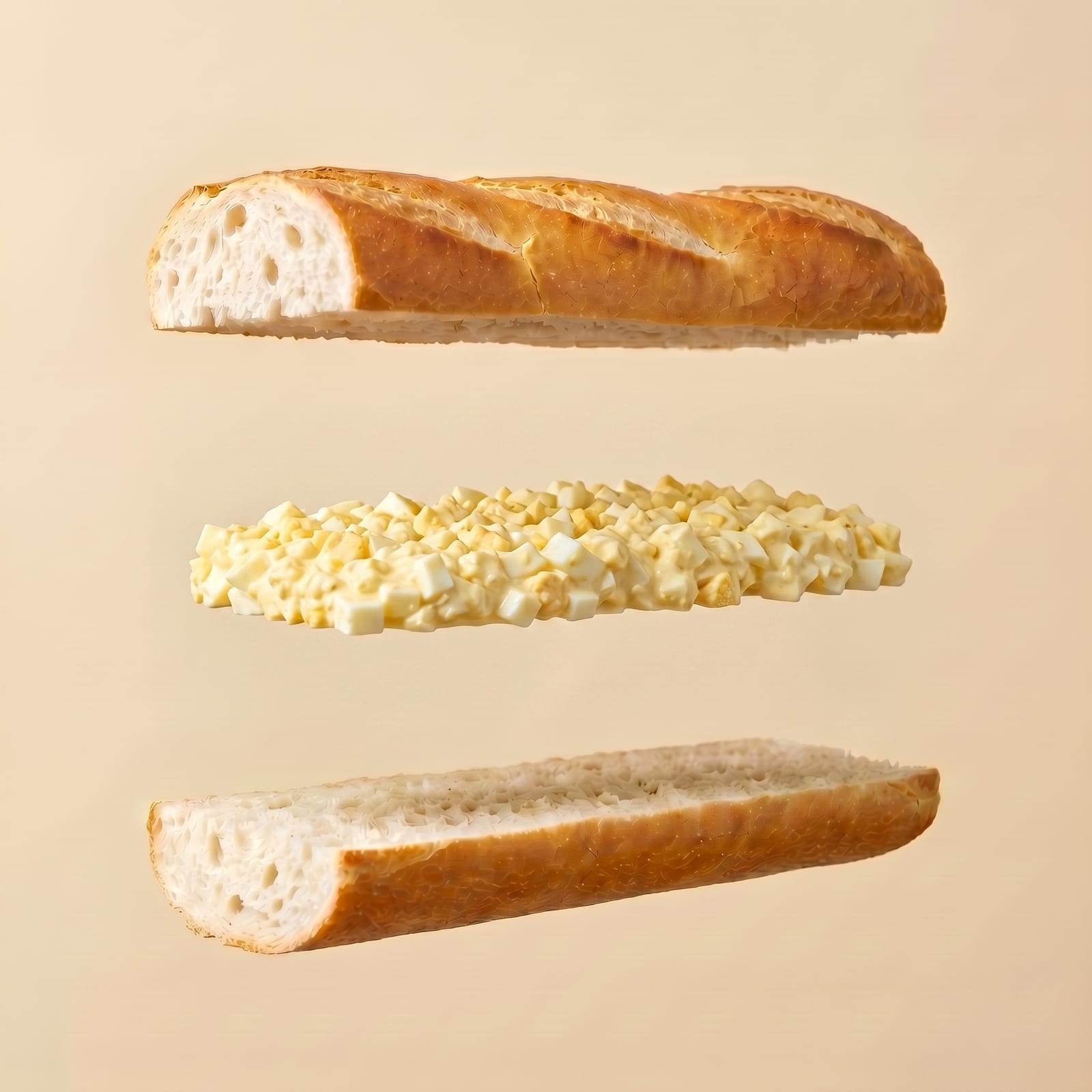 Exploded view van een baguette met eiersalade tussen de zwevende broodhelften, op een beige achtergrond