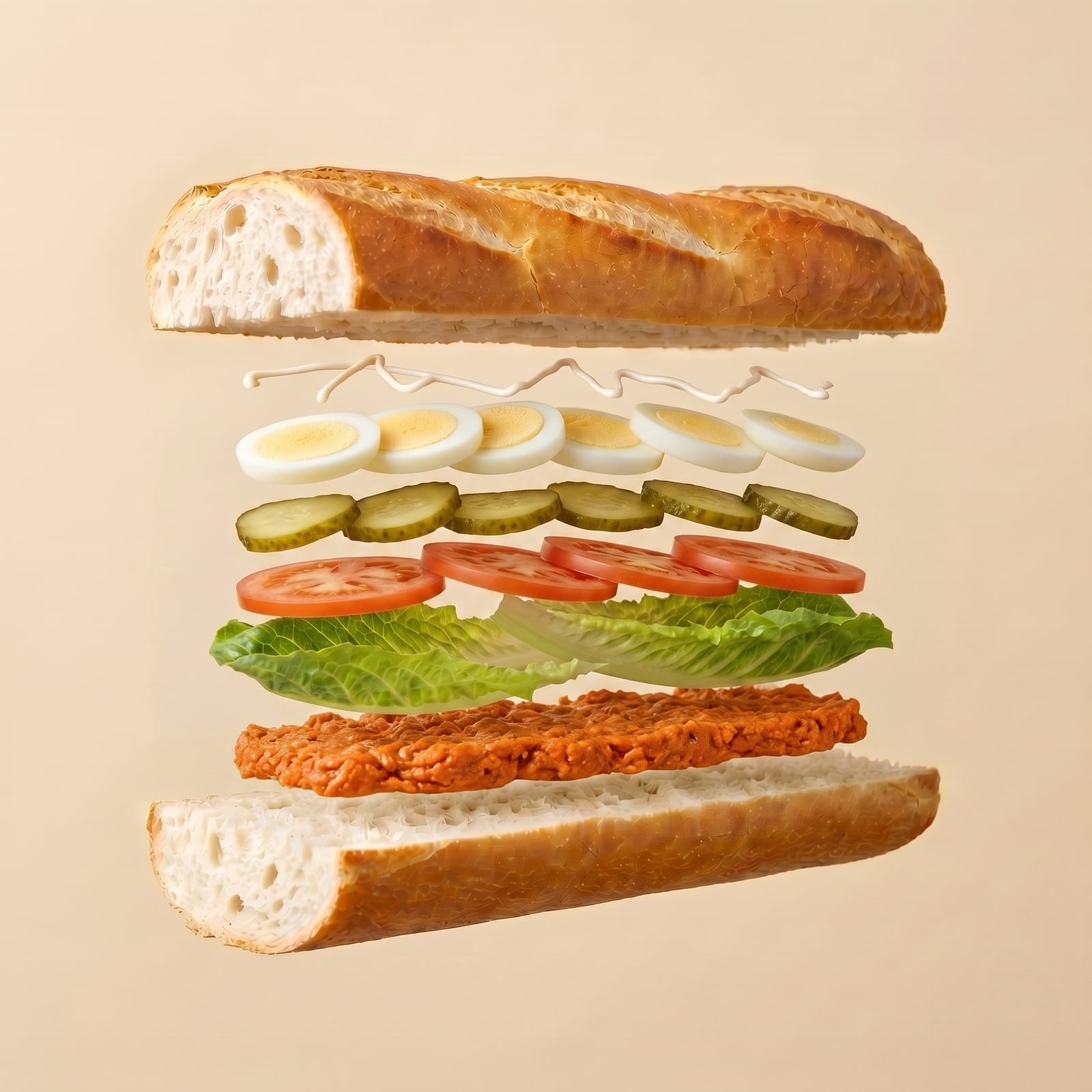 Exploded view van een baguette met mayonaise, gekookt ei, augurk, tomaat, sla en préparé tussen de zwevende broodhelften, op een beige achtergrond