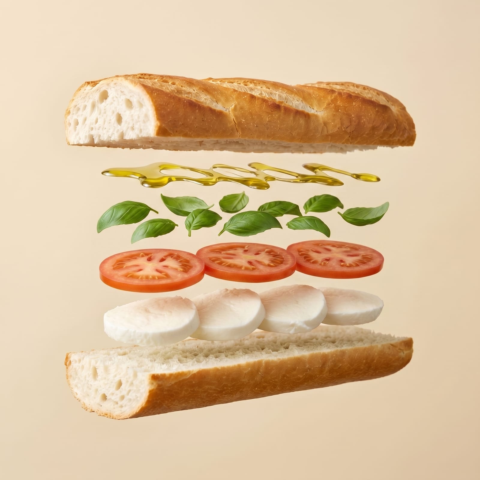 Exploded view van een baguette met olijfolie, basilicum, tomaat en mozzarella tussen de zwevende broodhelften, op een beige achtergrond