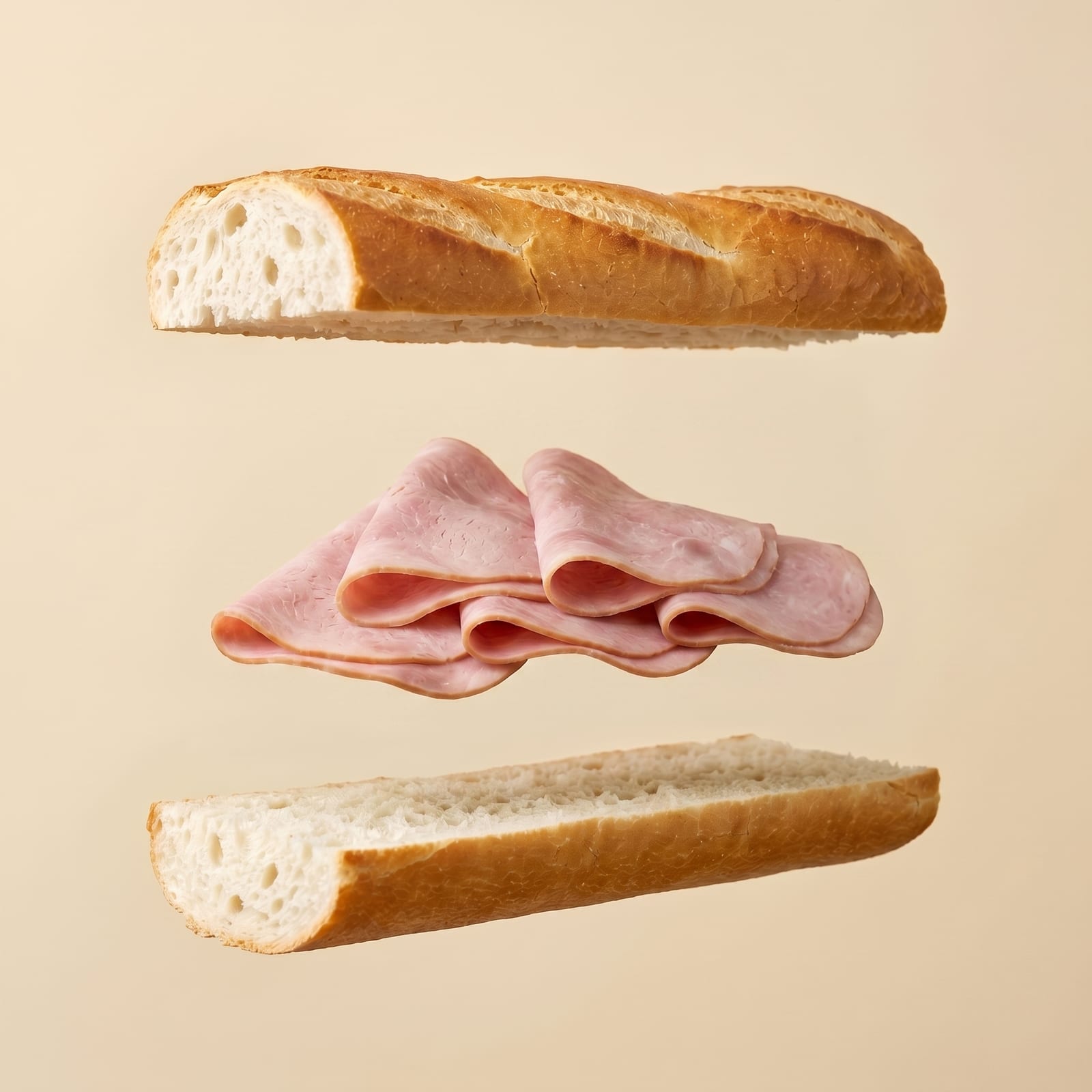Exploded view van een baguette met hesp tussen de zwevende broodhelften, op een beige achtergrond