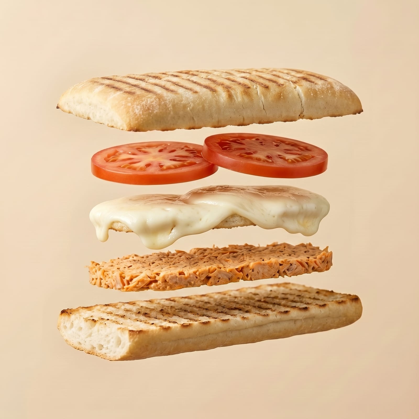 Exploded view van een panini met tomaat, gesmolten kaas en pikante tonijn tussen de zwevende broodhelften, op een beige achtergrond