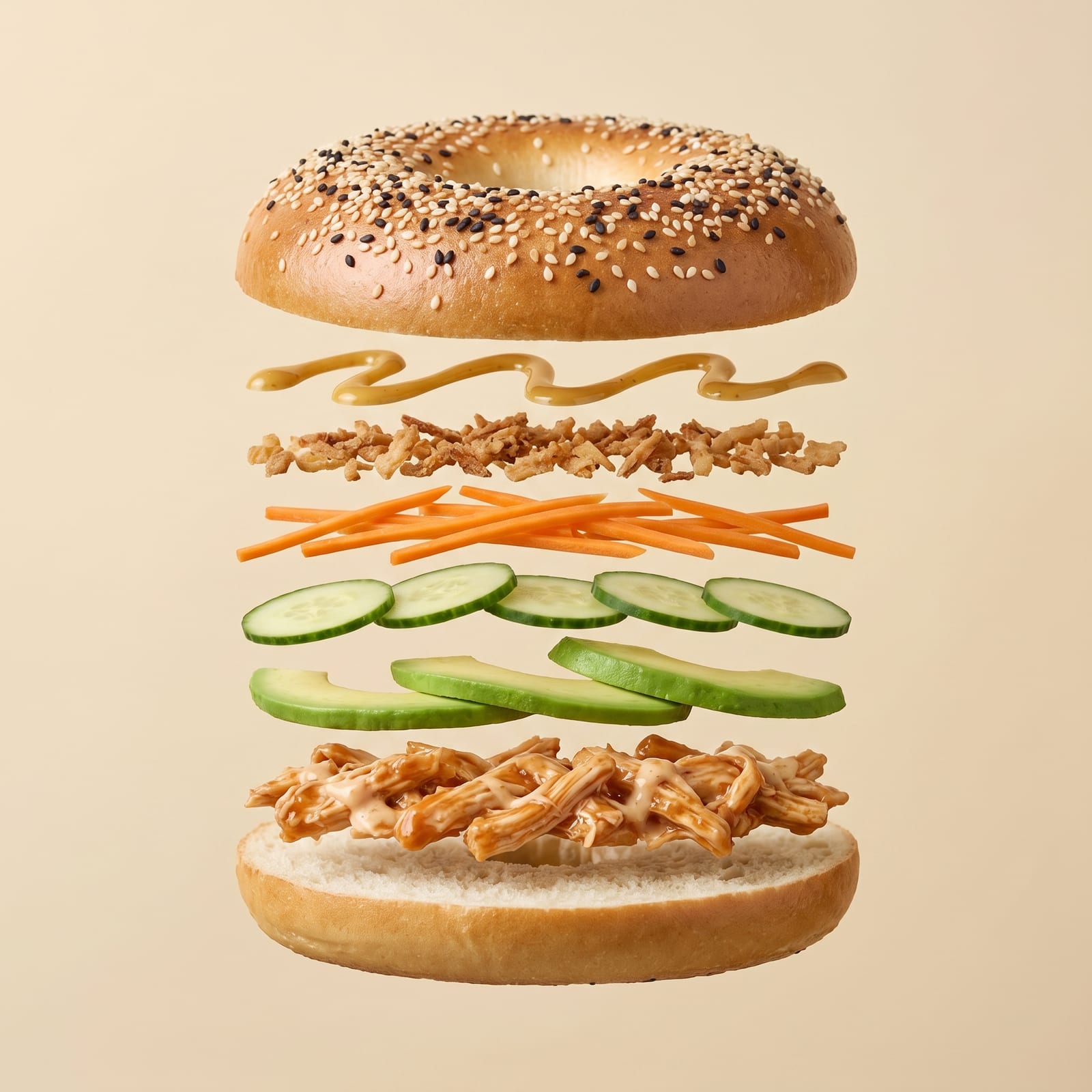 Exploded view van een sesambagel met mosterdsaus, gefrituurde uitjes, wortel, komkommer, avocado en pulled vlees tussen de zwevende broodhelften, op een beige achtergrond