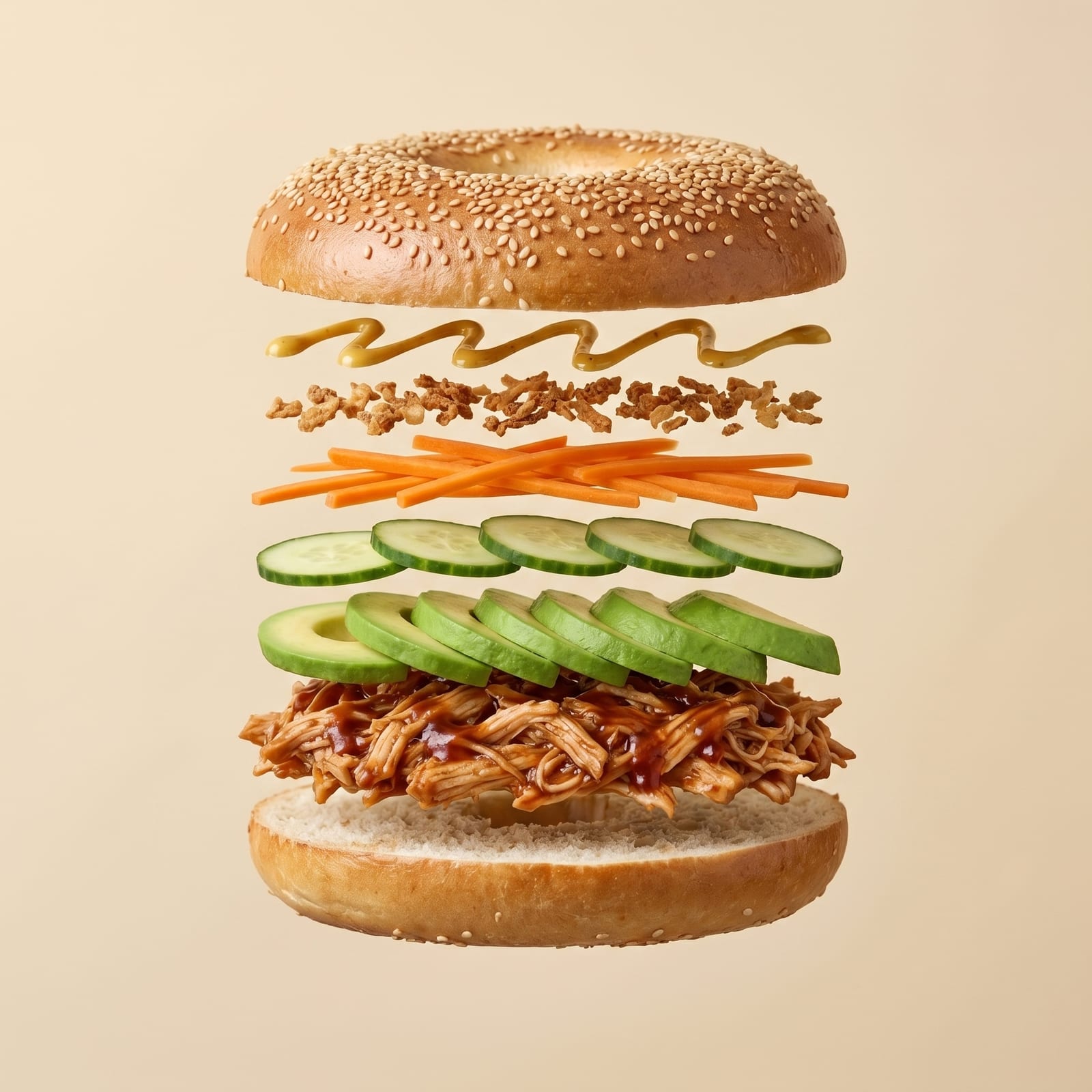 Exploded view van een sesambagel met mosterdsaus, gefrituurde uitjes, wortel, komkommer, avocado en pulled pork met barbecuesaus tussen de zwevende broodhelften, op een beige achtergrond