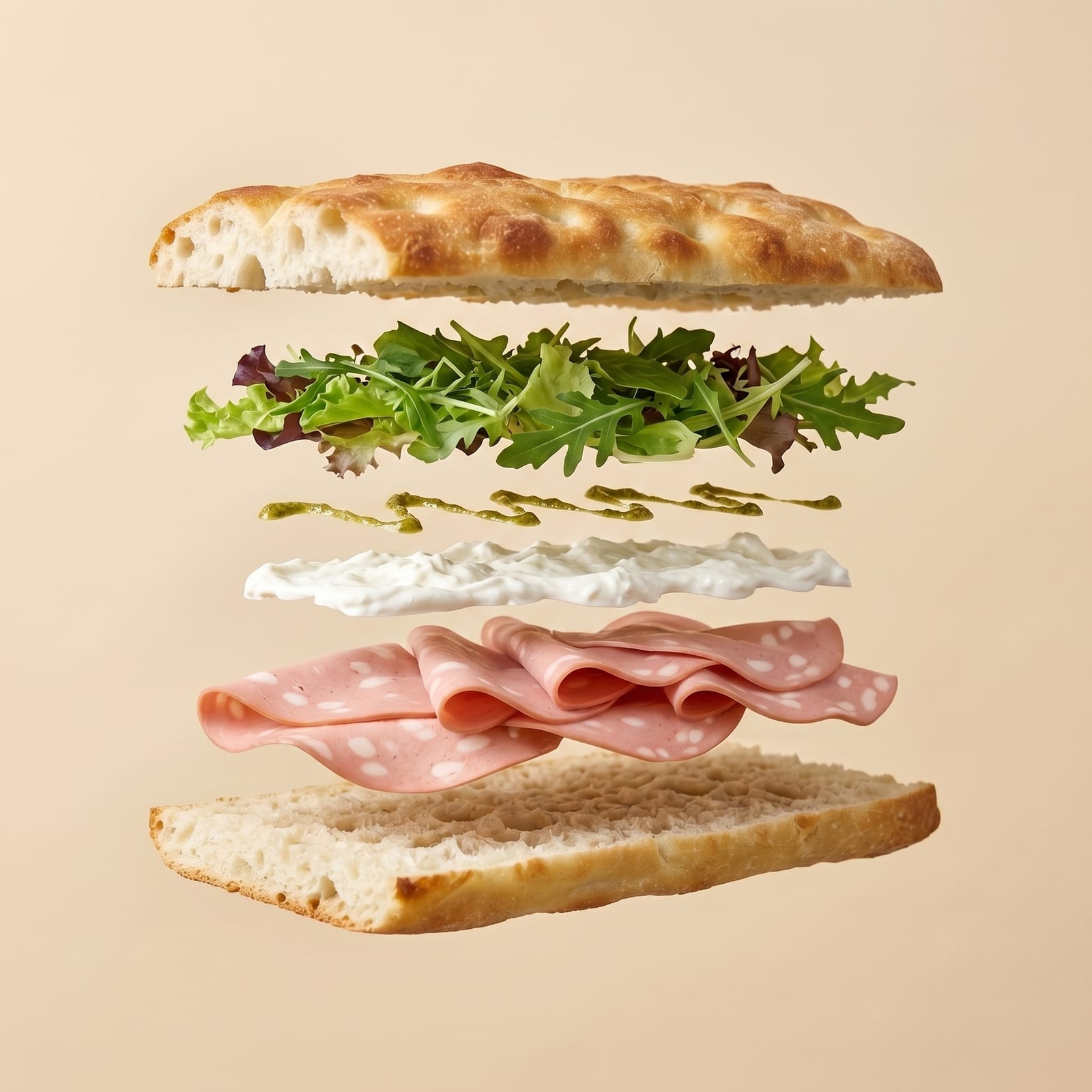 Exploded view van een focaccia met slamix, pesto, stracciatella en mortadella tussen de zwevende broodhelften, op een beige achtergrond
