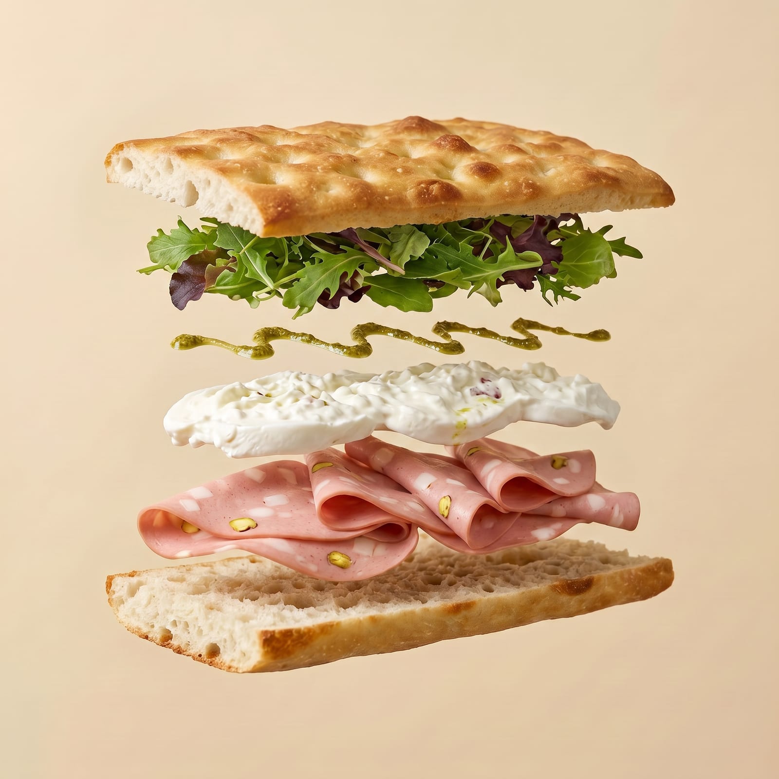 Exploded view van een focaccia met slamix, pesto, stracciatella en mortadella met pistache tussen de zwevende broodhelften, op een beige achtergrond