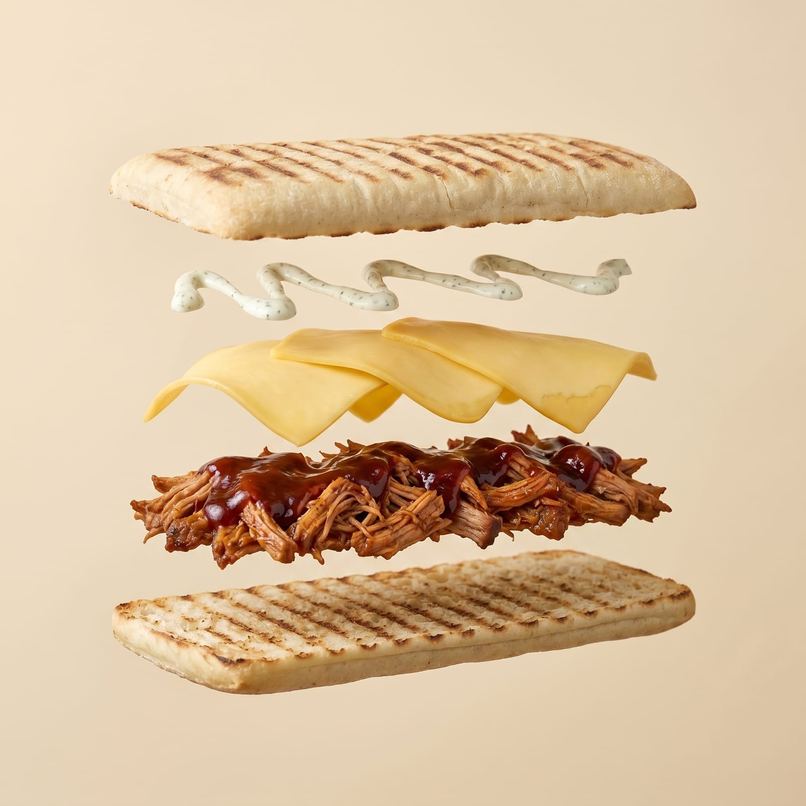 Exploded view van een panini met witte saus, kaas en pulled pork met barbecuesaus tussen de zwevende broodhelften, op een beige achtergrond