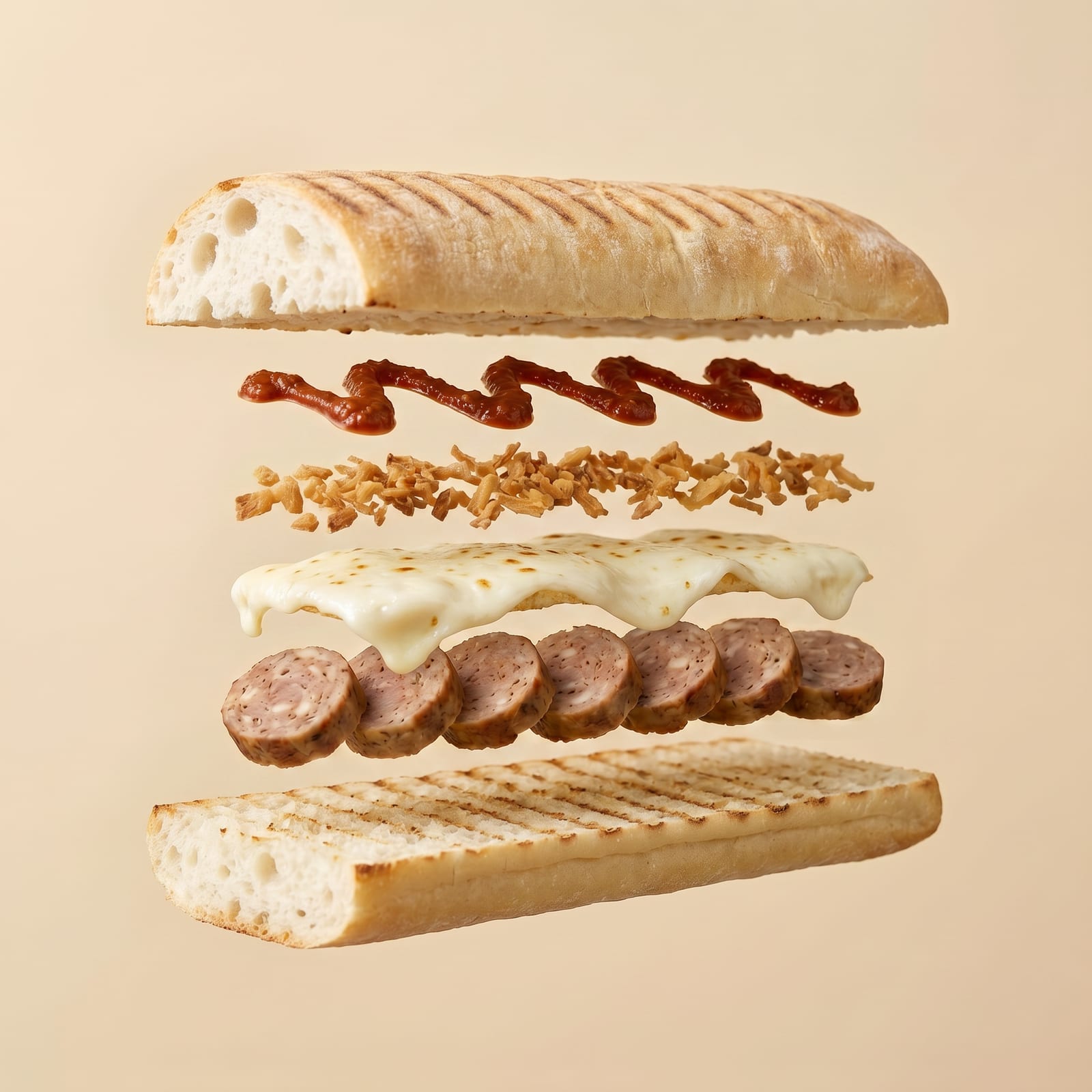 Exploded view van een panini met barbecuesaus, gefrituurde uitjes, gesmolten kaas en gegrilde worst tussen de zwevende broodhelften, op een beige achtergrond