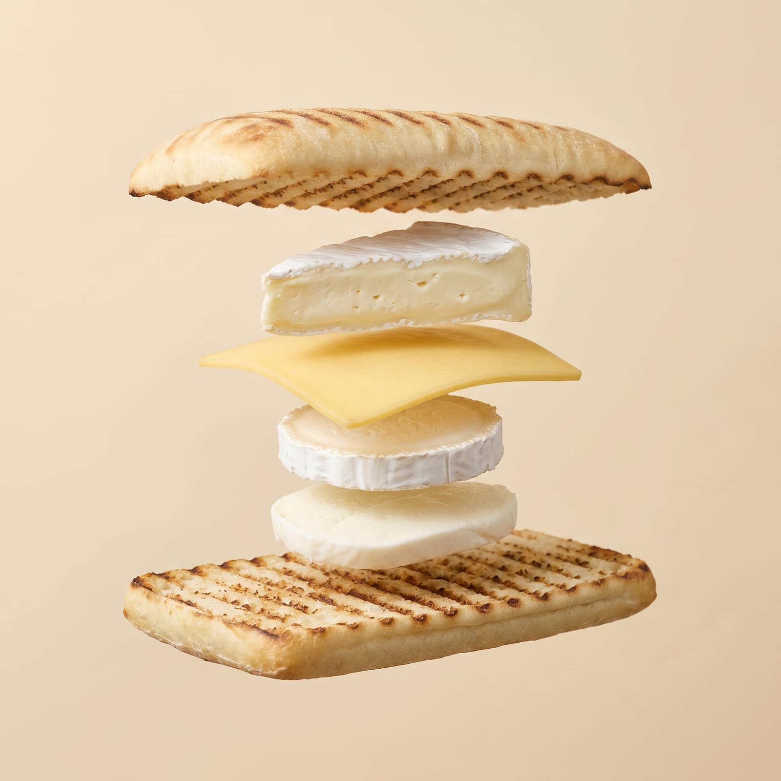 Exploded view van een panini met brie, gele kaas, geitenkaas en mozzarella tussen de zwevende broodhelften, op een beige achtergrond