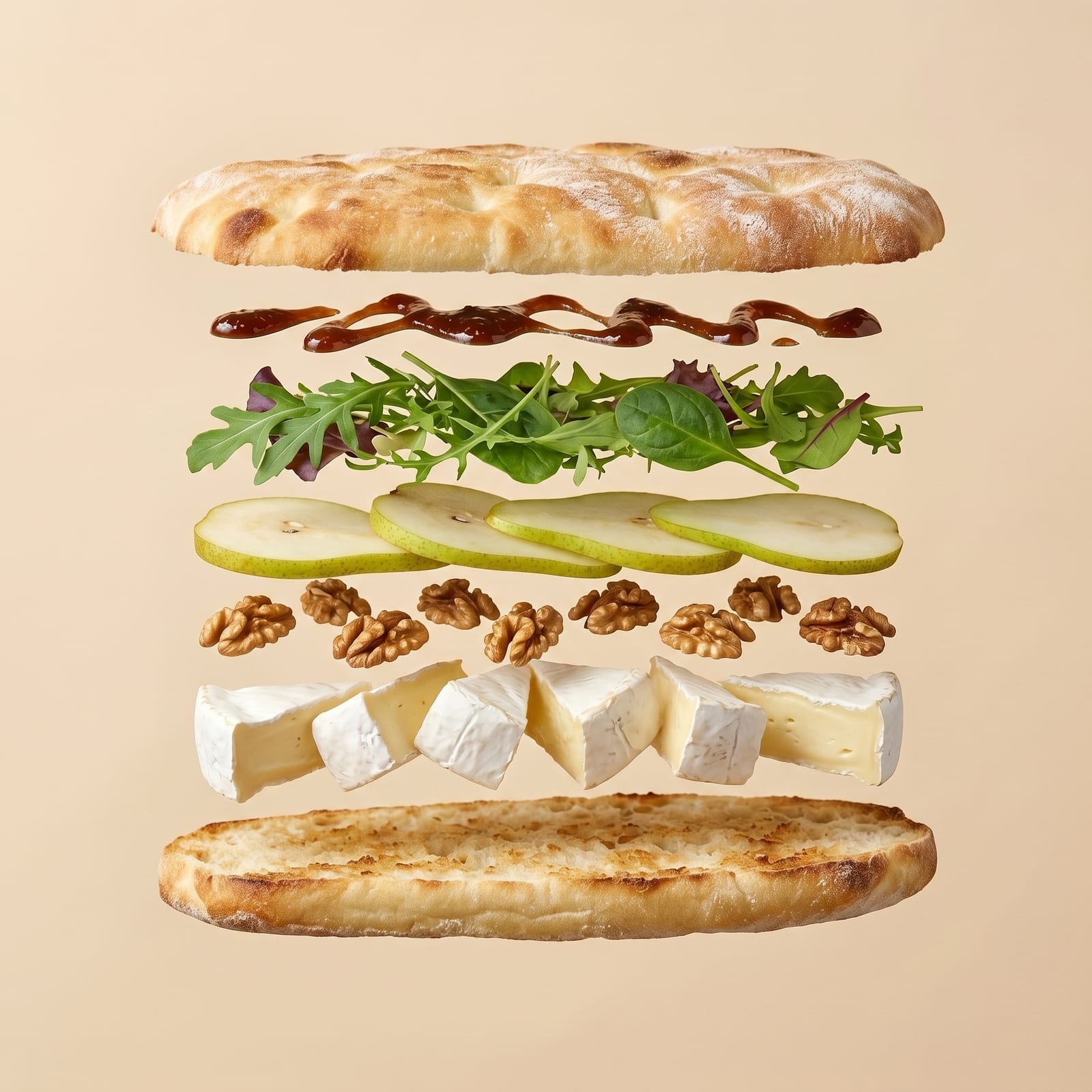 Exploded view van een focaccia met balsamico, rucola, peer, walnoten en brie tussen de zwevende broodhelften, op een beige achtergrond