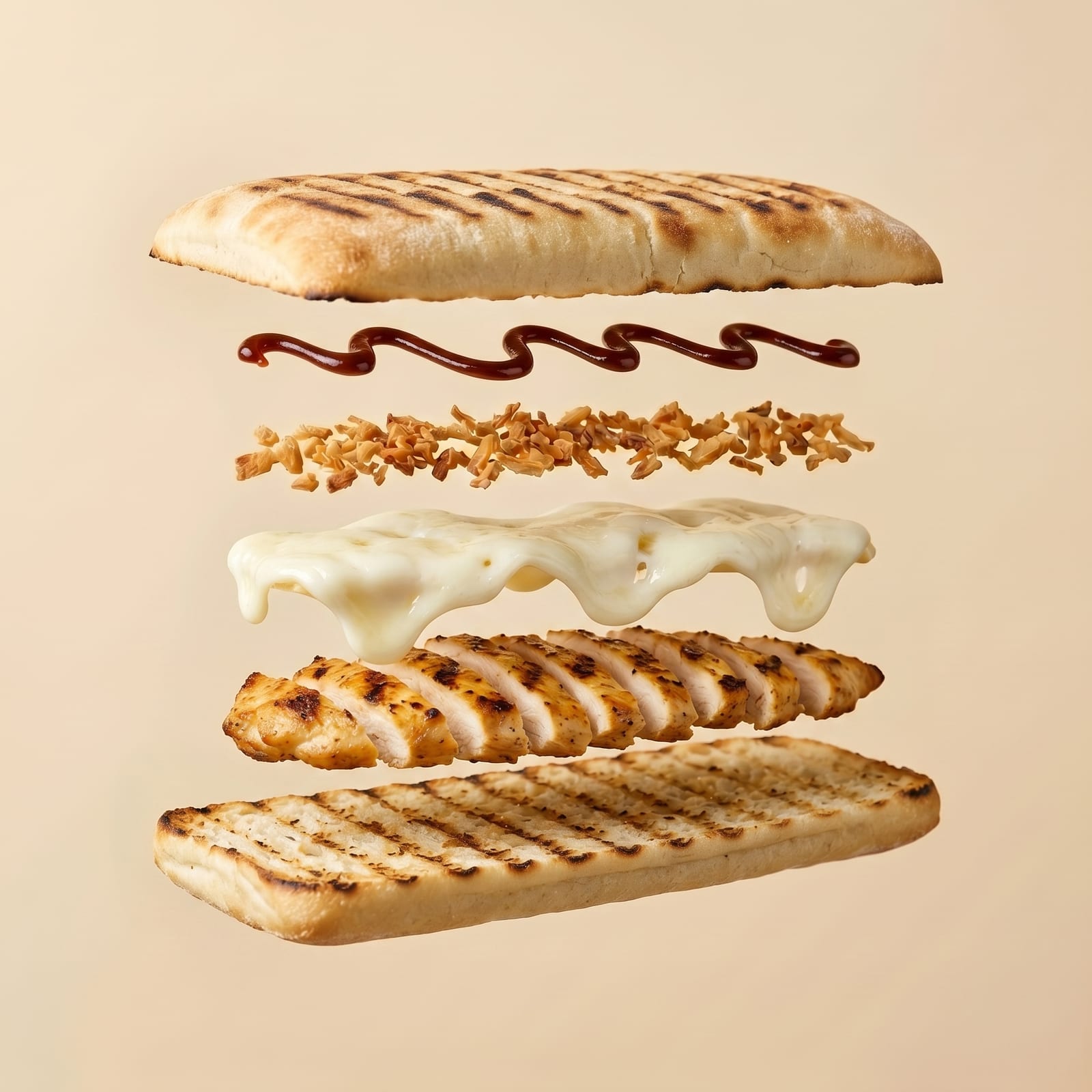 Exploded view van een panini met barbecuesaus, gefrituurde uitjes, gesmolten kaas en gegrilde kip tussen de zwevende broodhelften, op een beige achtergrond