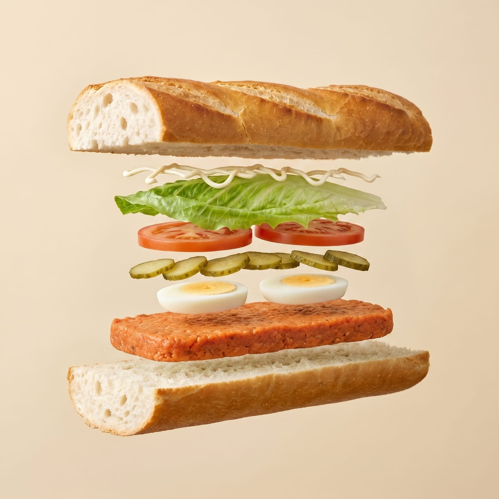 Exploded view van een baguette met mayonaise, sla, tomaat, augurk, gekookt ei en préparé tussen de zwevende broodhelften, op een beige achtergrond