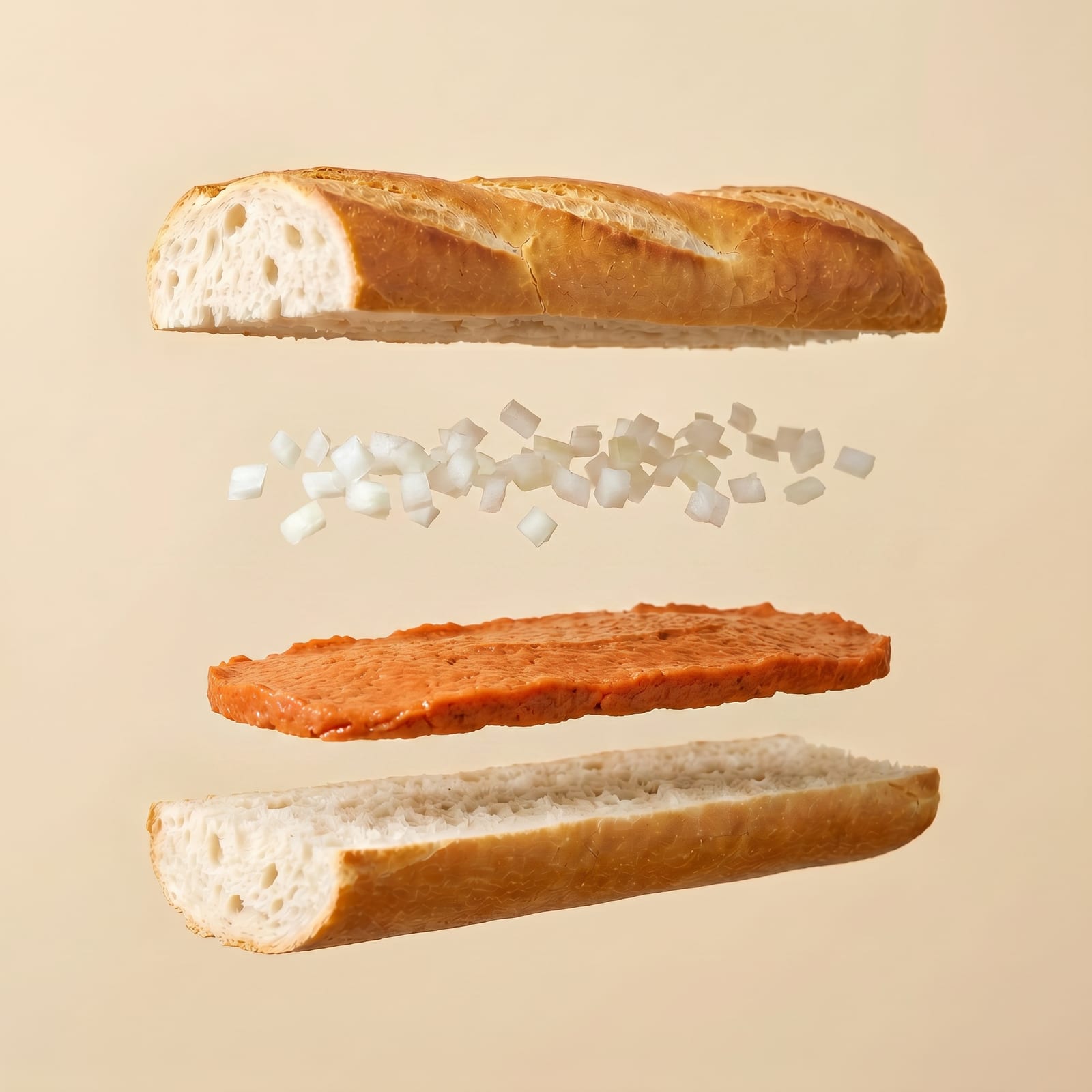 Exploded view van een baguette met gesnipperde ui en préparé tussen de zwevende broodhelften, op een beige achtergrond