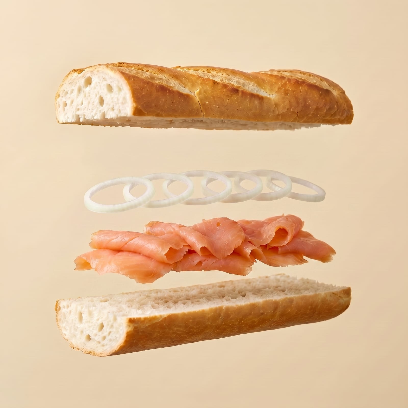 Exploded view van een baguette met uiringen en gerookte zalm tussen de zwevende broodhelften, op een beige achtergrond