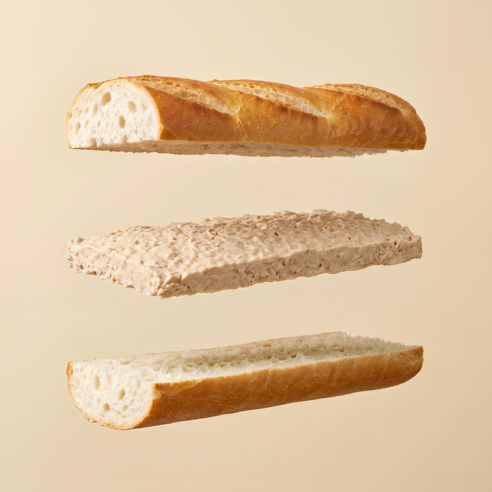 Exploded view van een baguette met een lichte smeersalade tussen de zwevende broodhelften, op een beige achtergrond