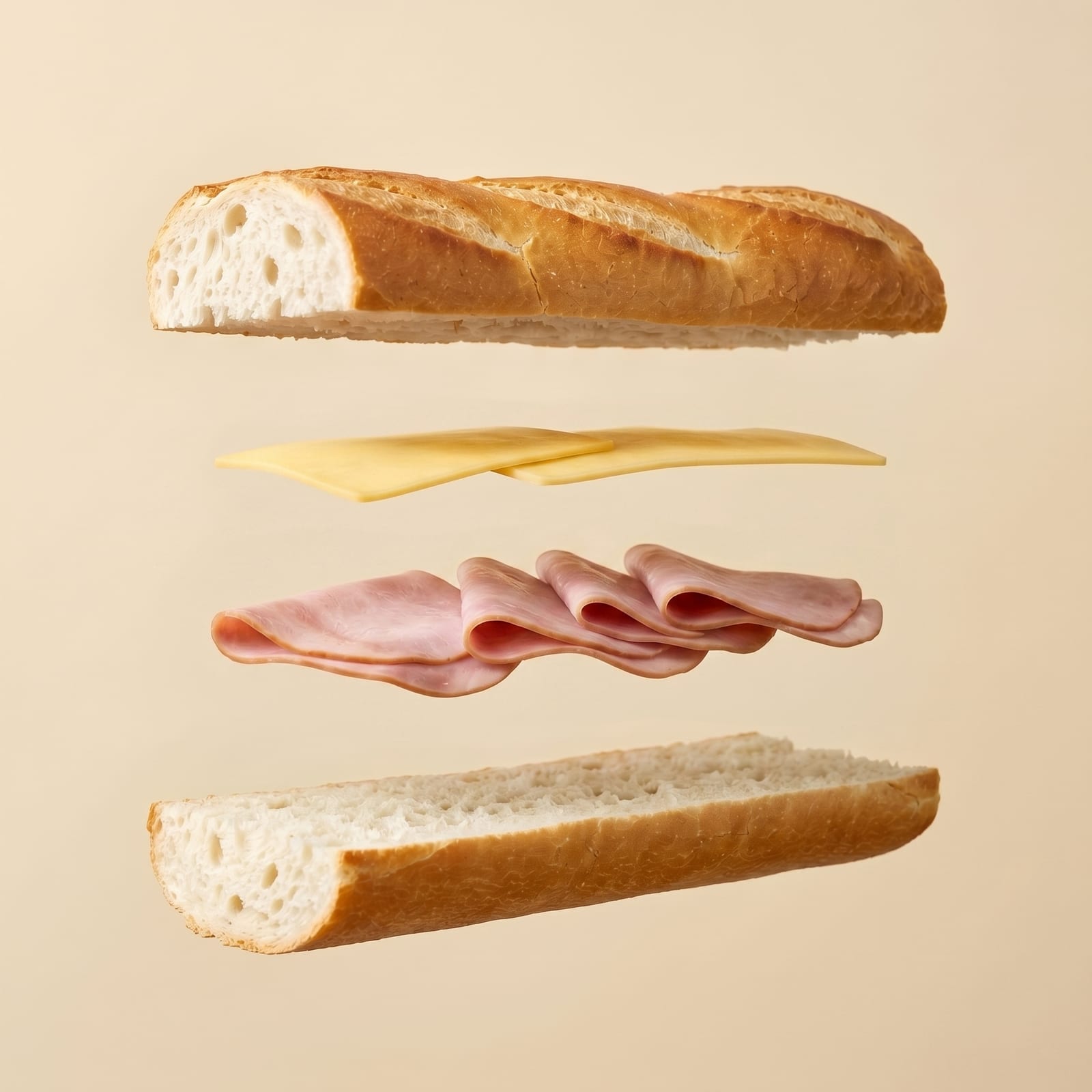 Exploded view van een baguette met kaas en hesp tussen de zwevende broodhelften, op een beige achtergrond
