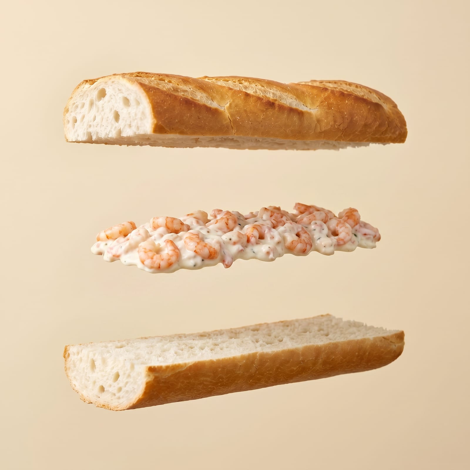 Exploded view van een baguette met garnalensalade tussen de zwevende broodhelften, op een beige achtergrond
