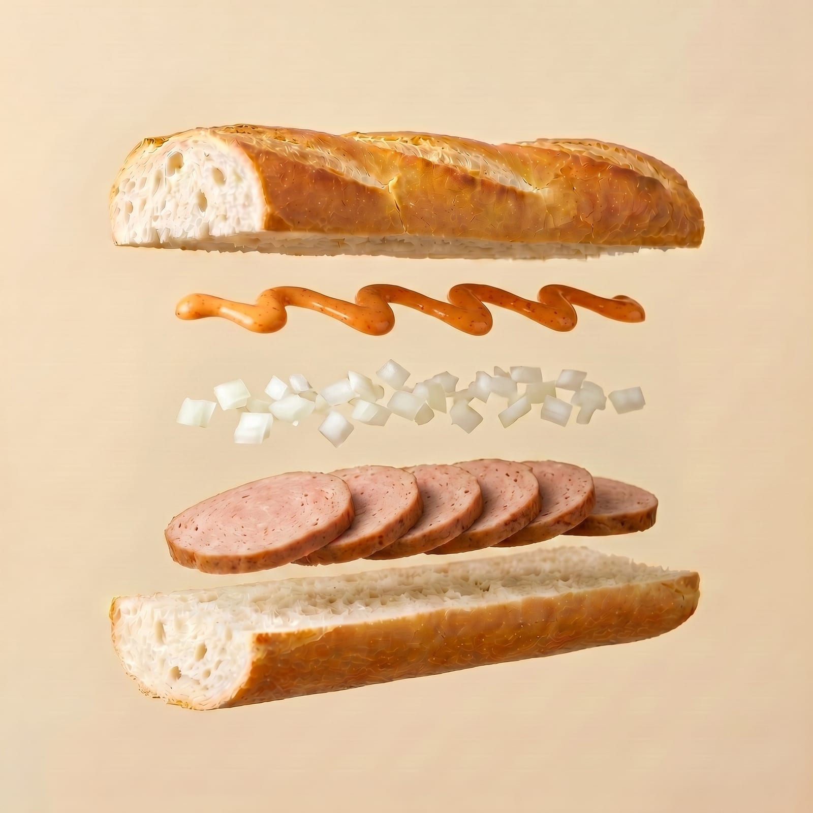 Exploded view van een baguette met oranje saus, gesnipperde ui en sneden worst tussen de zwevende broodhelften, op een beige achtergrond
