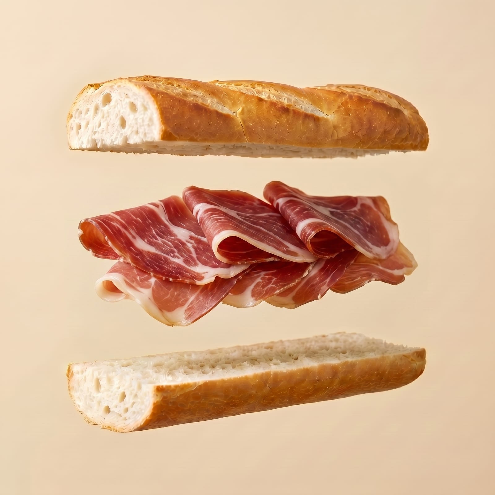 Exploded view van een baguette met rauwe ham tussen de zwevende broodhelften, op een beige achtergrond