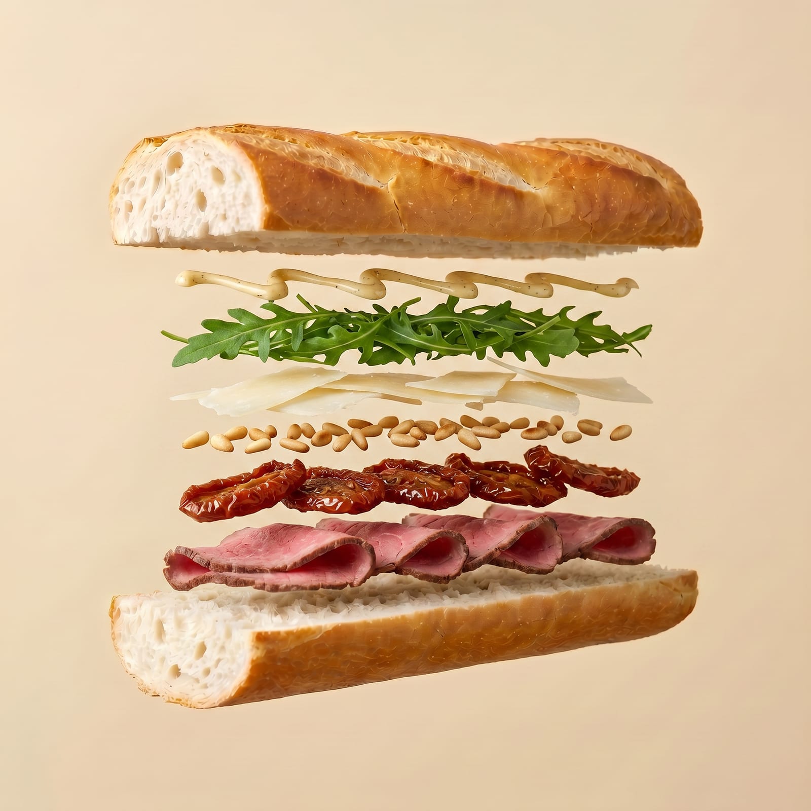 Exploded view van een baguette met honingmosterd, rucola, parmezaanschilfers, pijnboompitten, zongedroogde tomaten en rosbief tussen de zwevende broodhelften, op een beige achtergrond