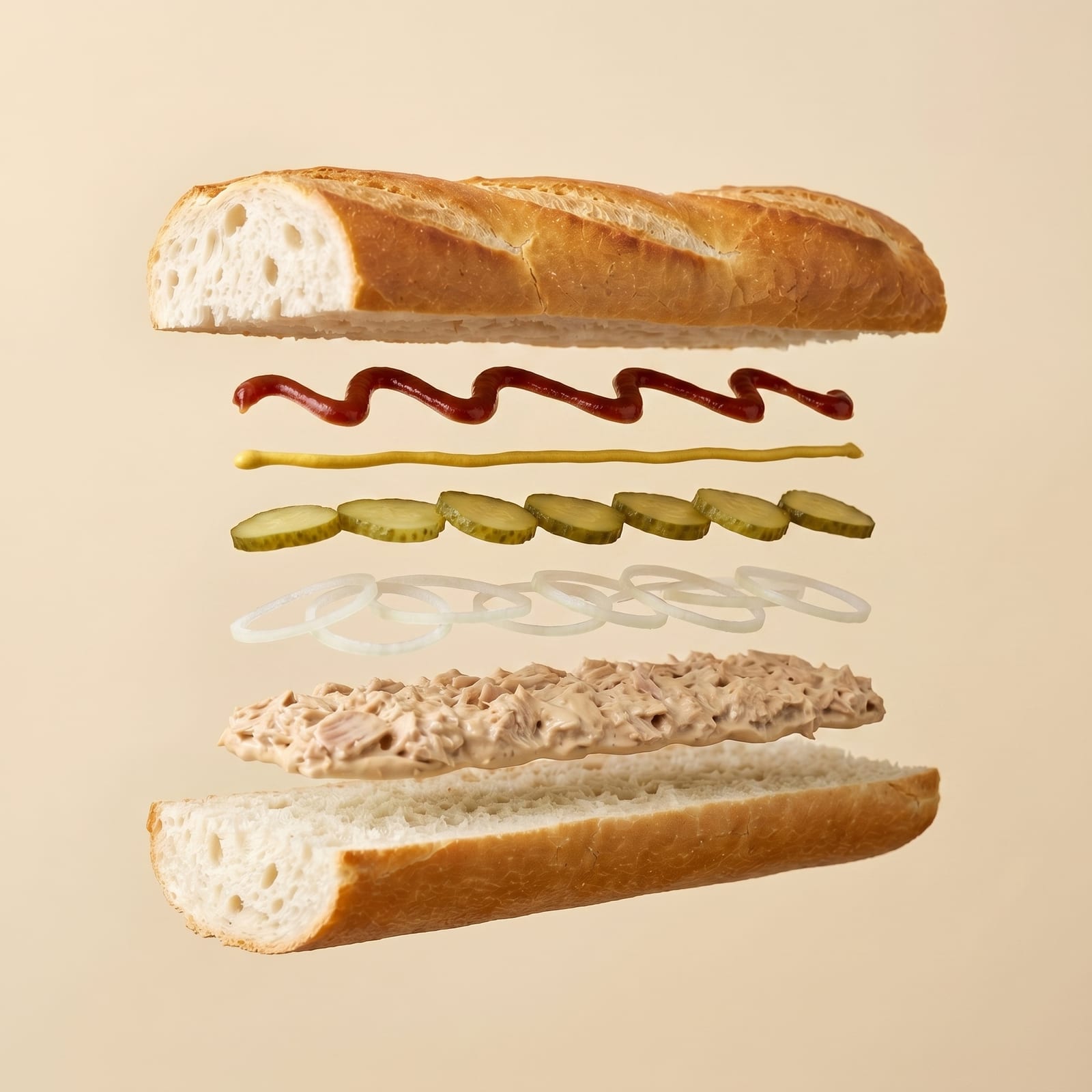 Exploded view van een baguette met ketchup, mosterd, augurk, uiringen en tonijnsalade tussen de zwevende broodhelften, op een beige achtergrond