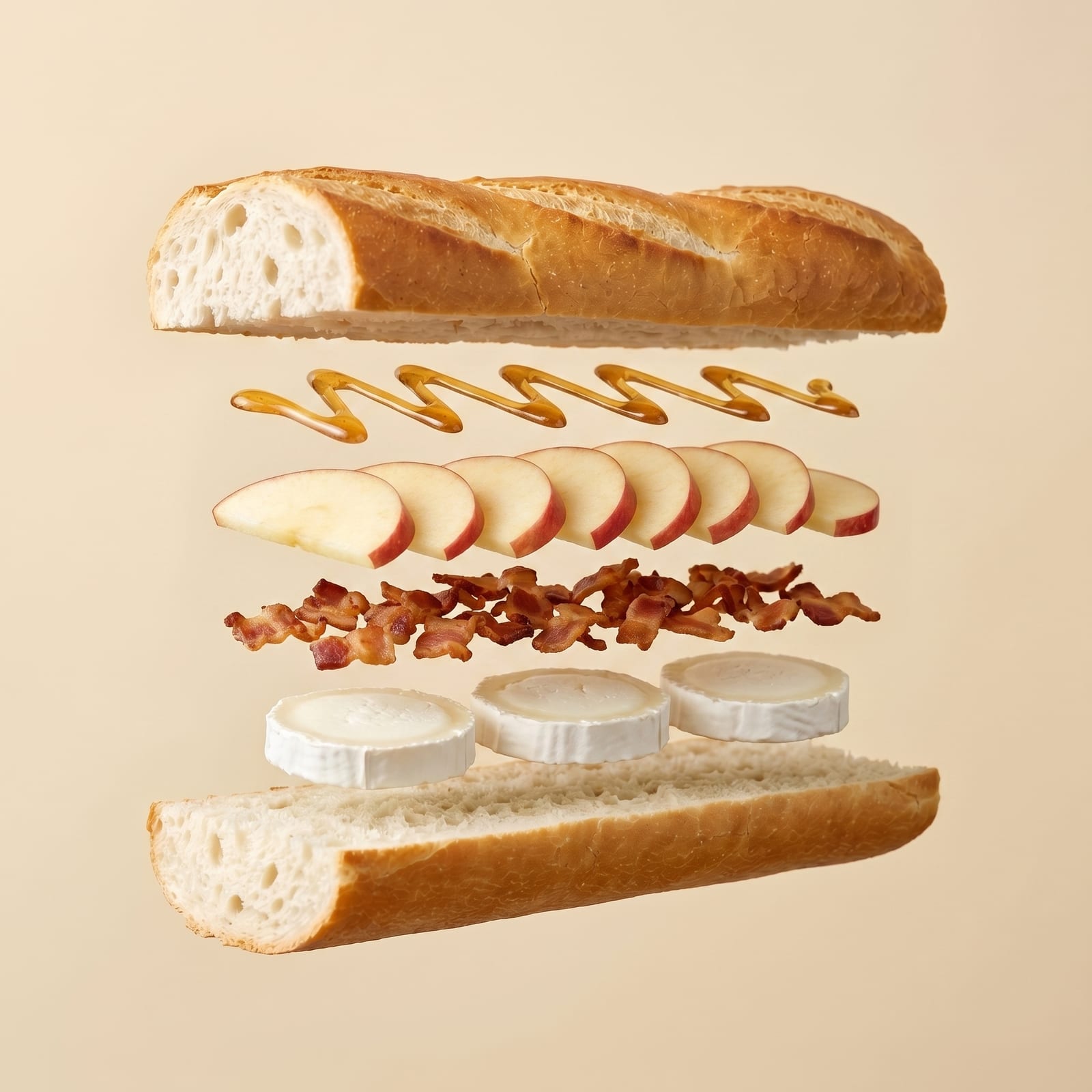 Exploded view van een baguette met honing, appel, spekjes en geitenkaas tussen de zwevende broodhelften, op een beige achtergrond
