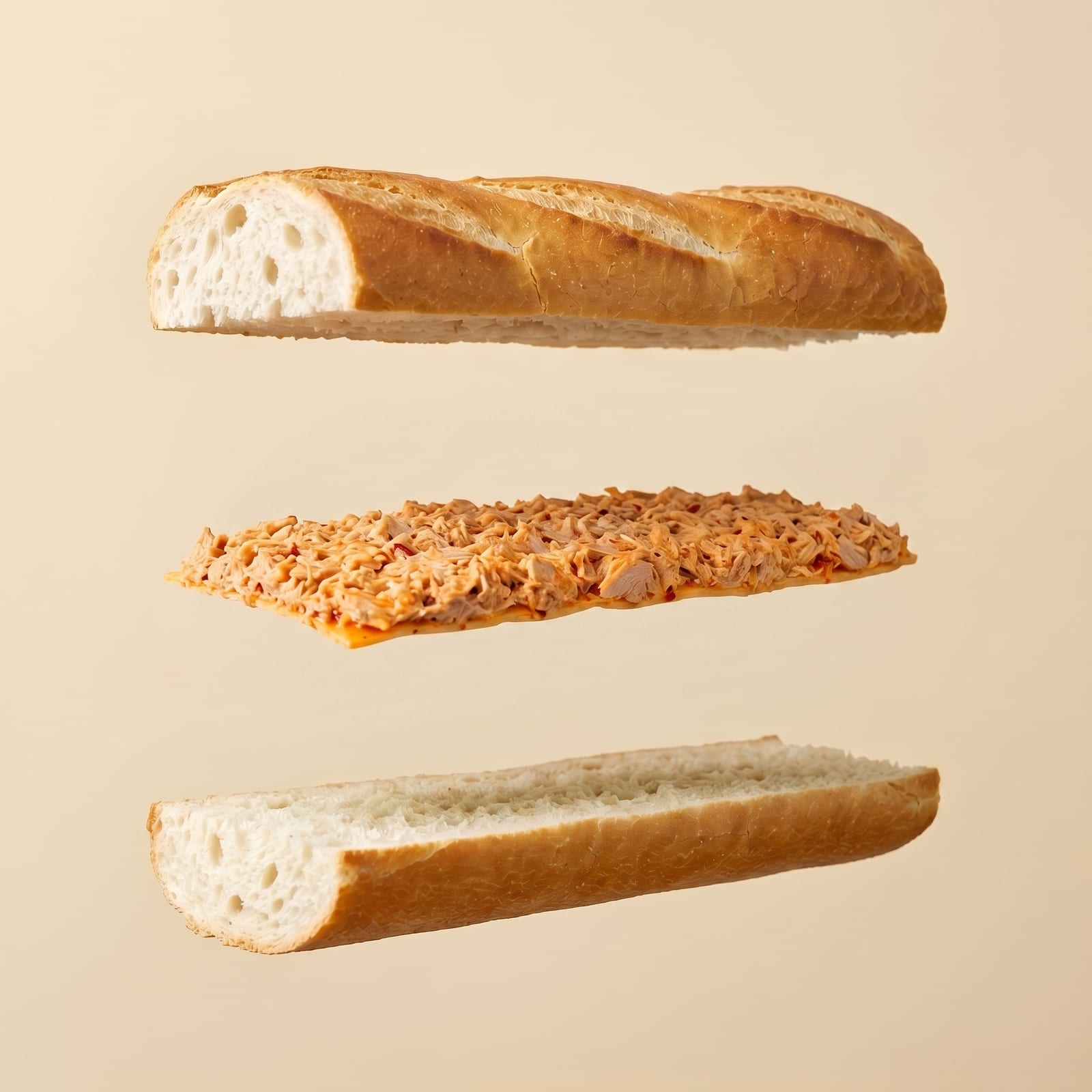Exploded view van een baguette met pikante tonijnsalade tussen de zwevende broodhelften, op een beige achtergrond