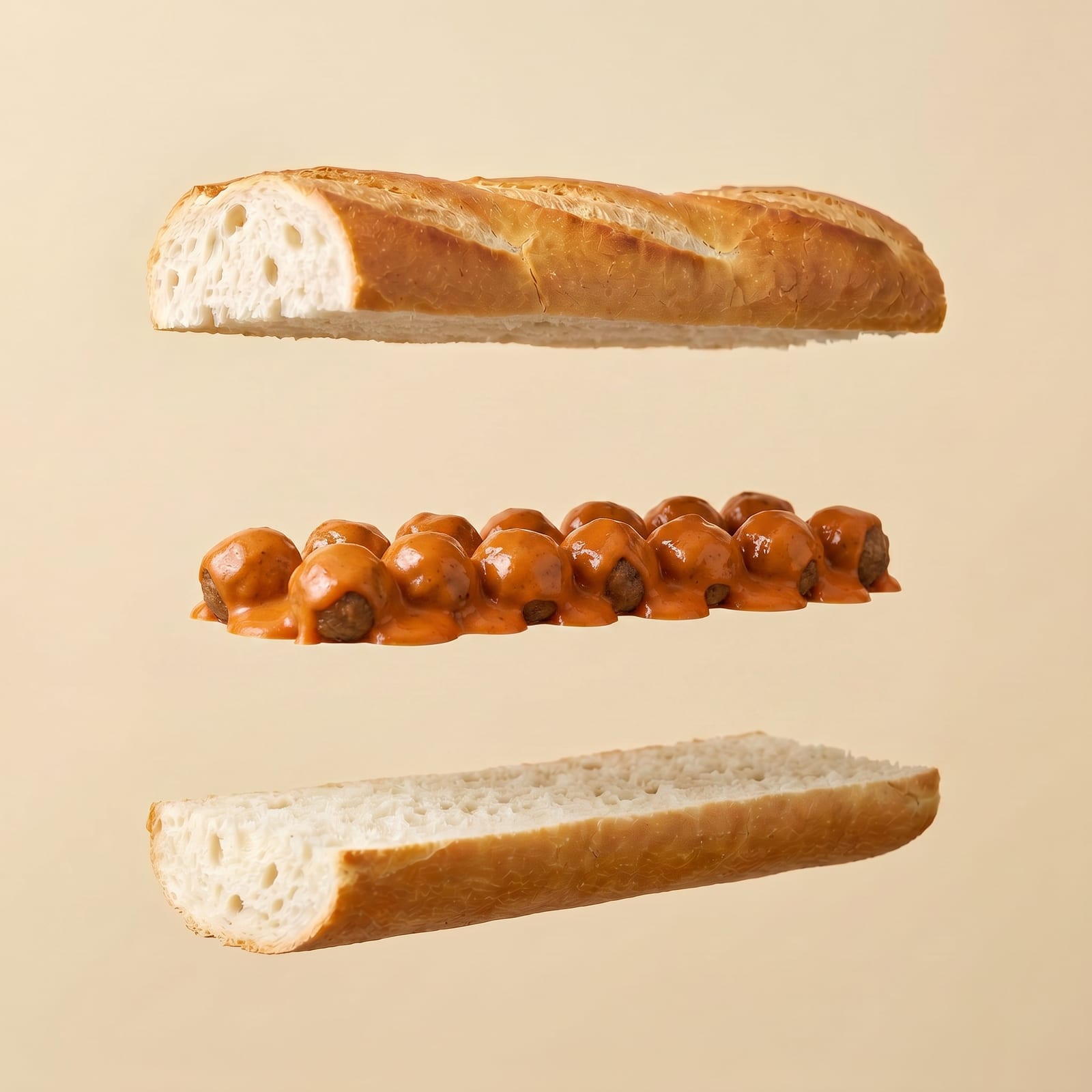 Exploded view van een baguette met gehaktballetjes in tomatensaus tussen de zwevende broodhelften, op een beige achtergrond