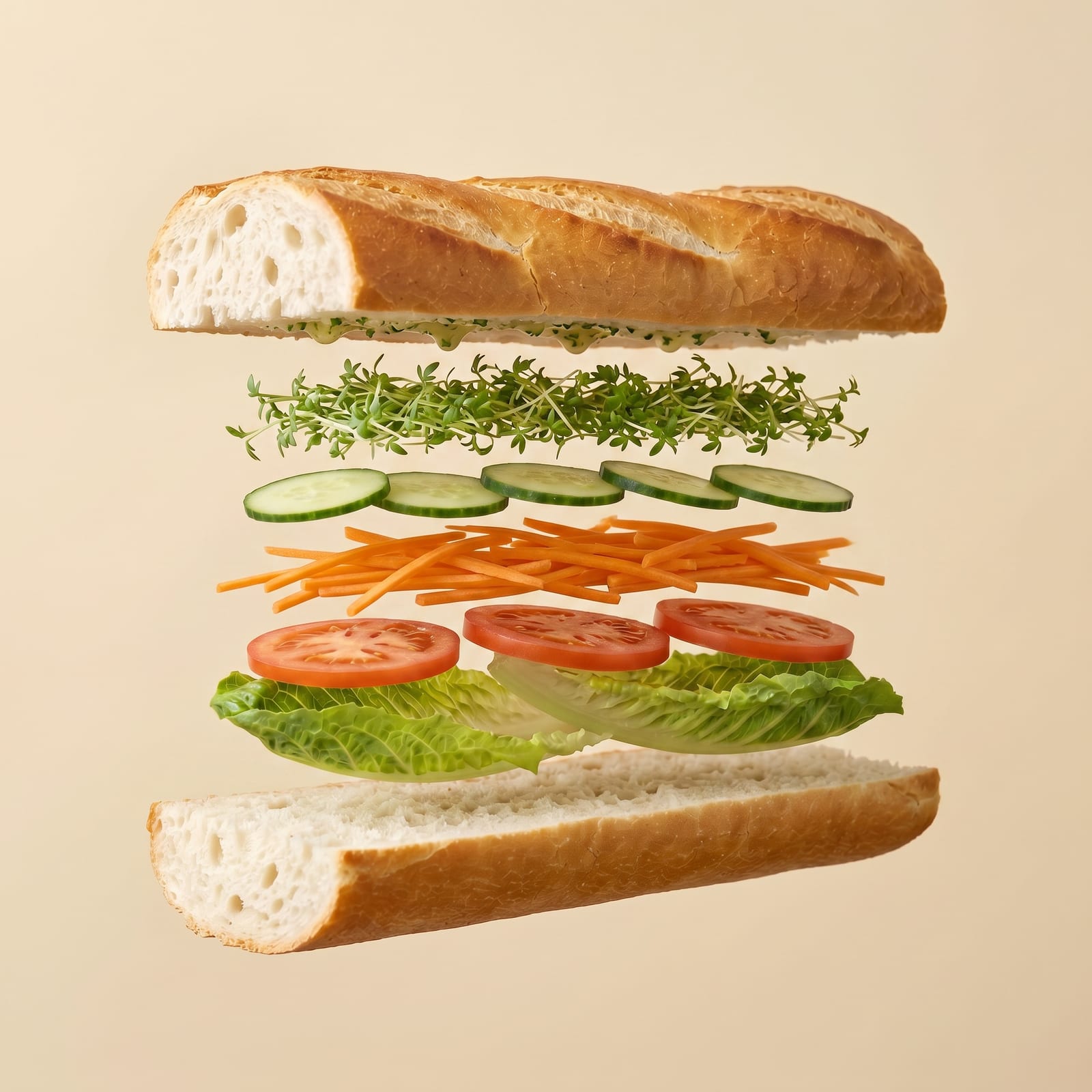 Exploded view van een baguette met tuinkers, komkommer, wortel, tomaat en sla tussen de zwevende broodhelften, op een beige achtergrond