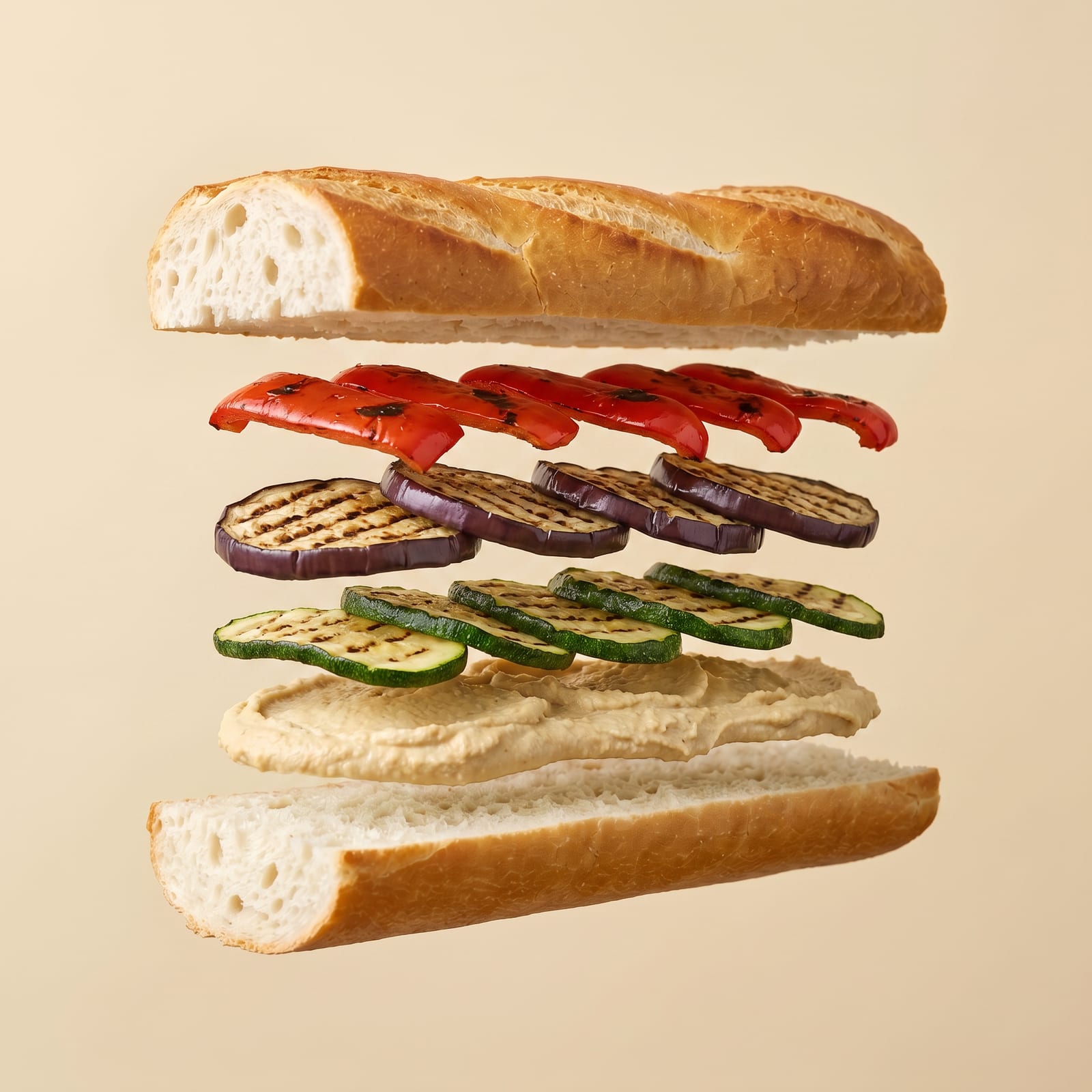 Exploded view van een baguette met gegrilde paprika, aubergine, courgette en hummus tussen de zwevende broodhelften, op een beige achtergrond