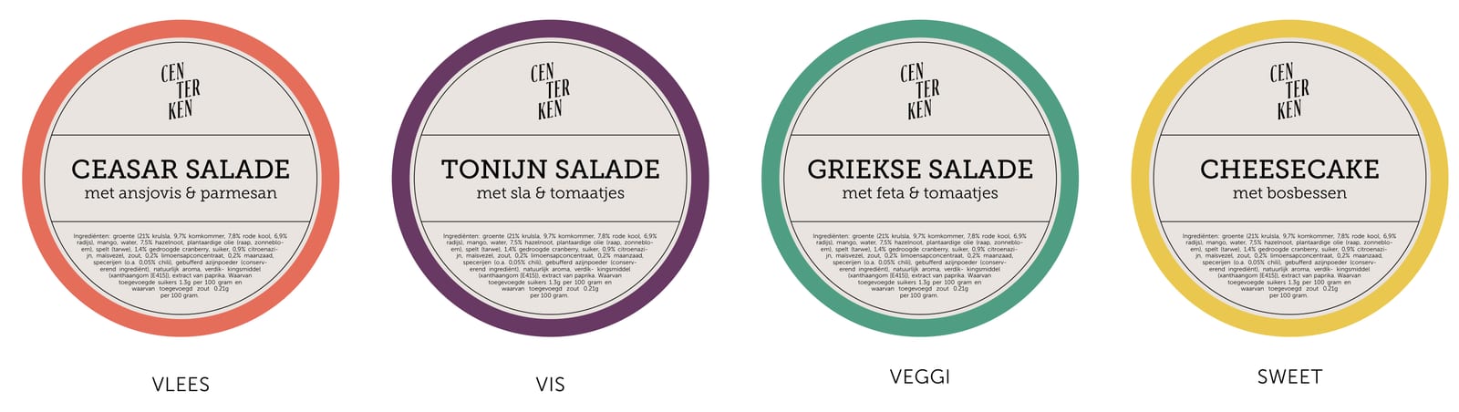 Vier ronde beige labels met een rode, paarse, groene en gele rand