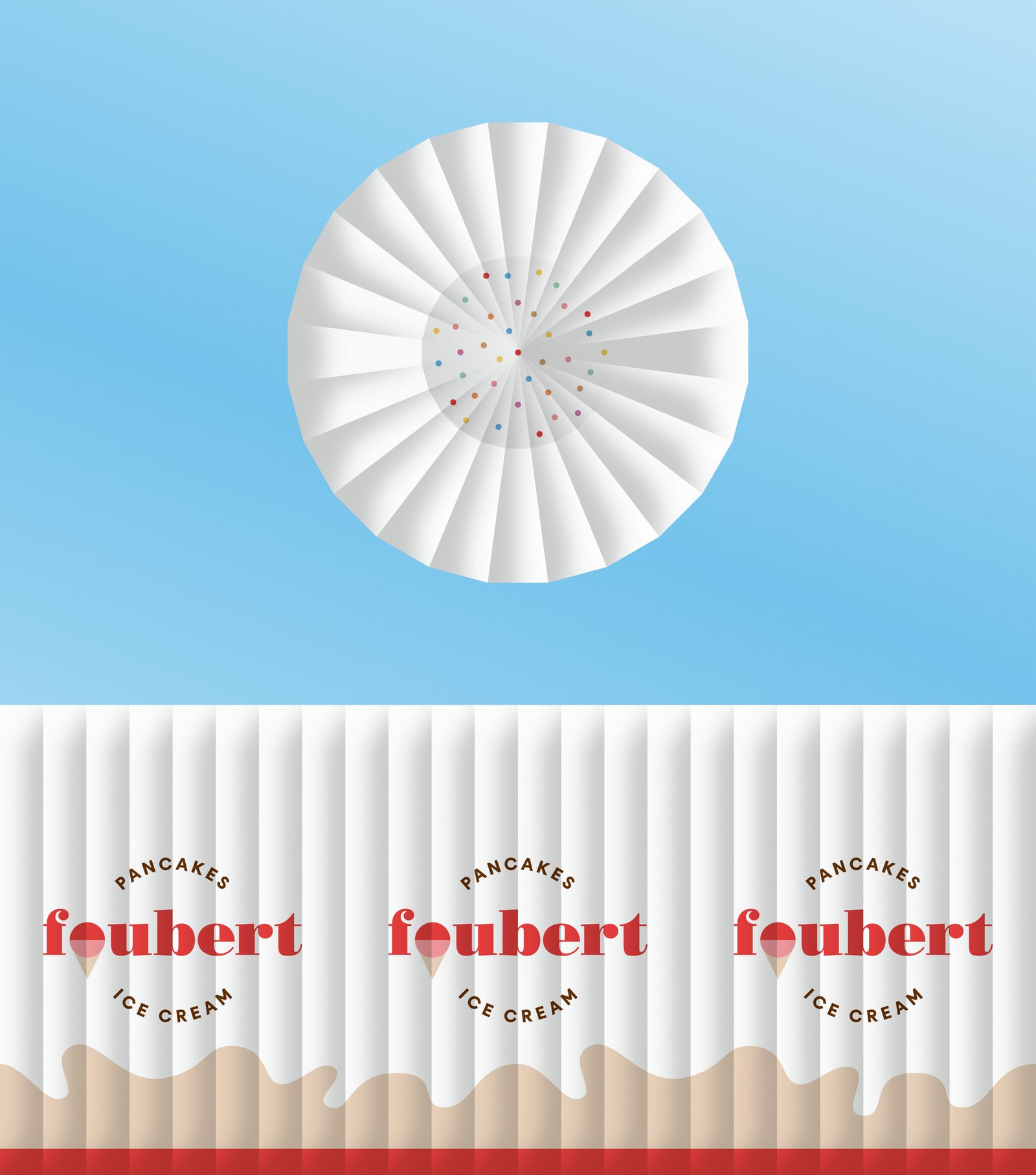 Luchtballon van bovenaf gezien (kroon met wit-roze patroon) met daaronder de ballonwand met Foubert-badges