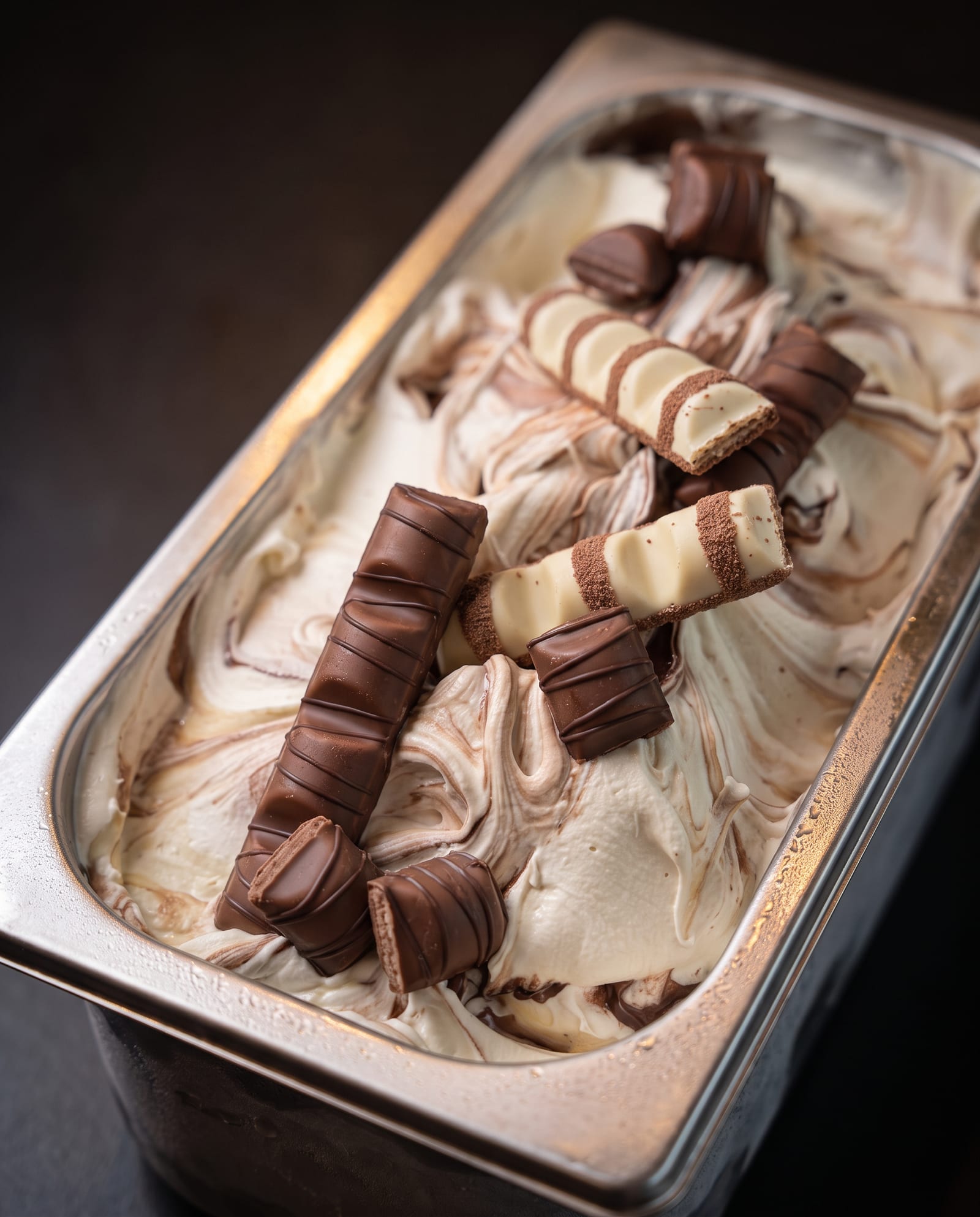 Stalen ijsbak schuin van boven op een donkere achtergrond, gevuld met crèmekleurig ijs met een chocolade-hazelnootswirl en stukken Kinder Bueno