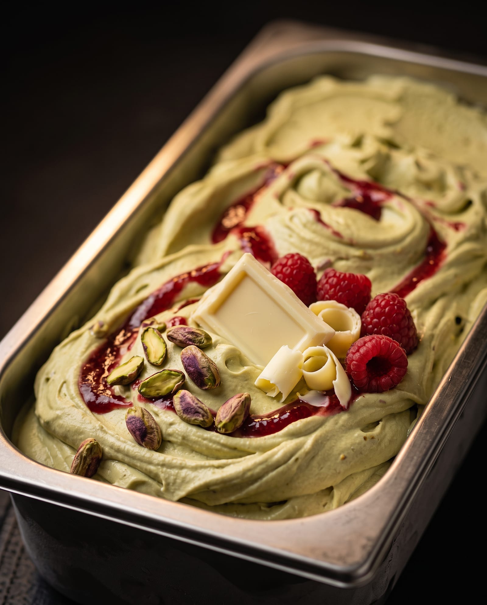 Pistache witte chocolade framboos — ijsbak in de toog