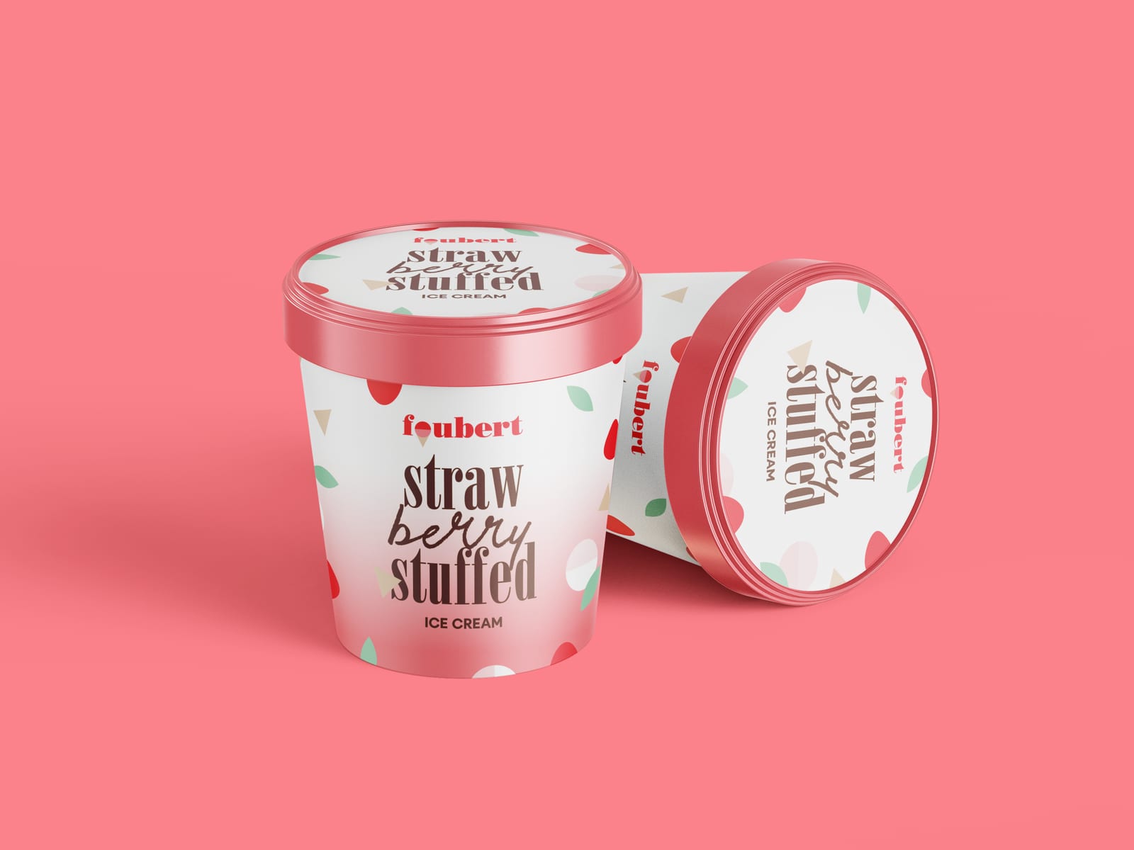 Foubert-ijspot "Strawberry Stuffed" met deksel op een roze achtergrond